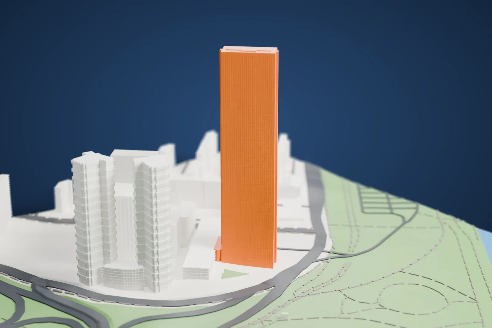 A white 3D print of the 63 Building, a very tall, slim tower with a slightly flared base, rising beside parkland and lower buildings.