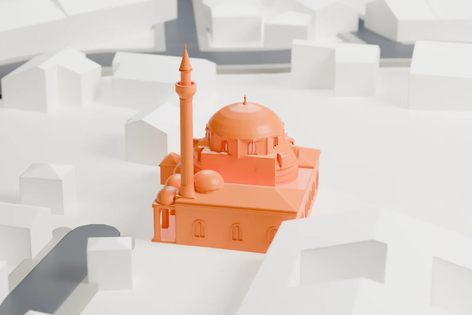 A white 3D print of the Koca Mustafa Pasha Mosque among surrounding streets and buildings.