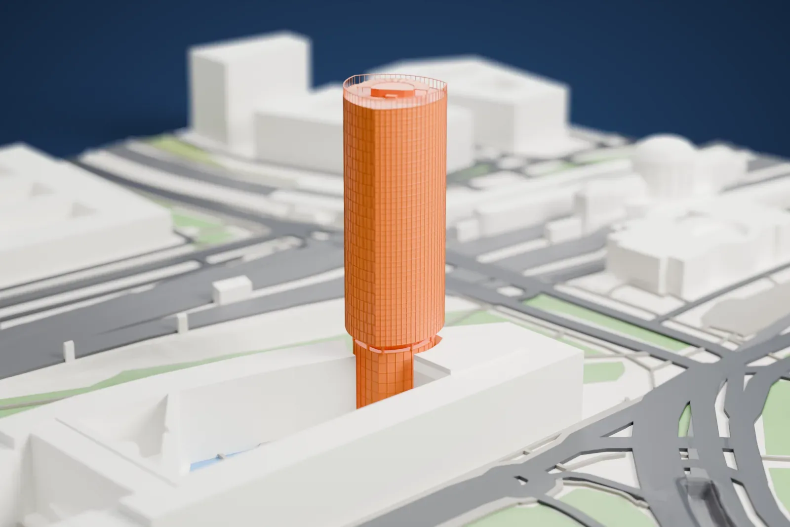 A white 3D print of KölnTriangle rising above the surrounding streets and buildings.