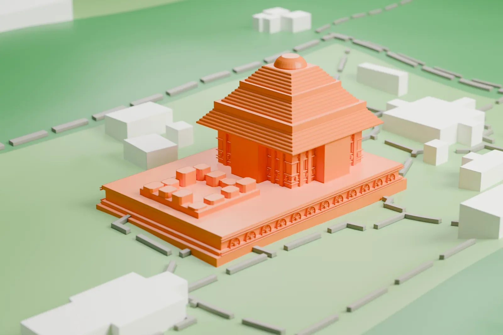 A white 3D print of the Konark Sun Temple, a stepped, pyramid-roofed hall on a long stone platform lined with small spoked wheels, standing on open ground with a few buildings nearby.