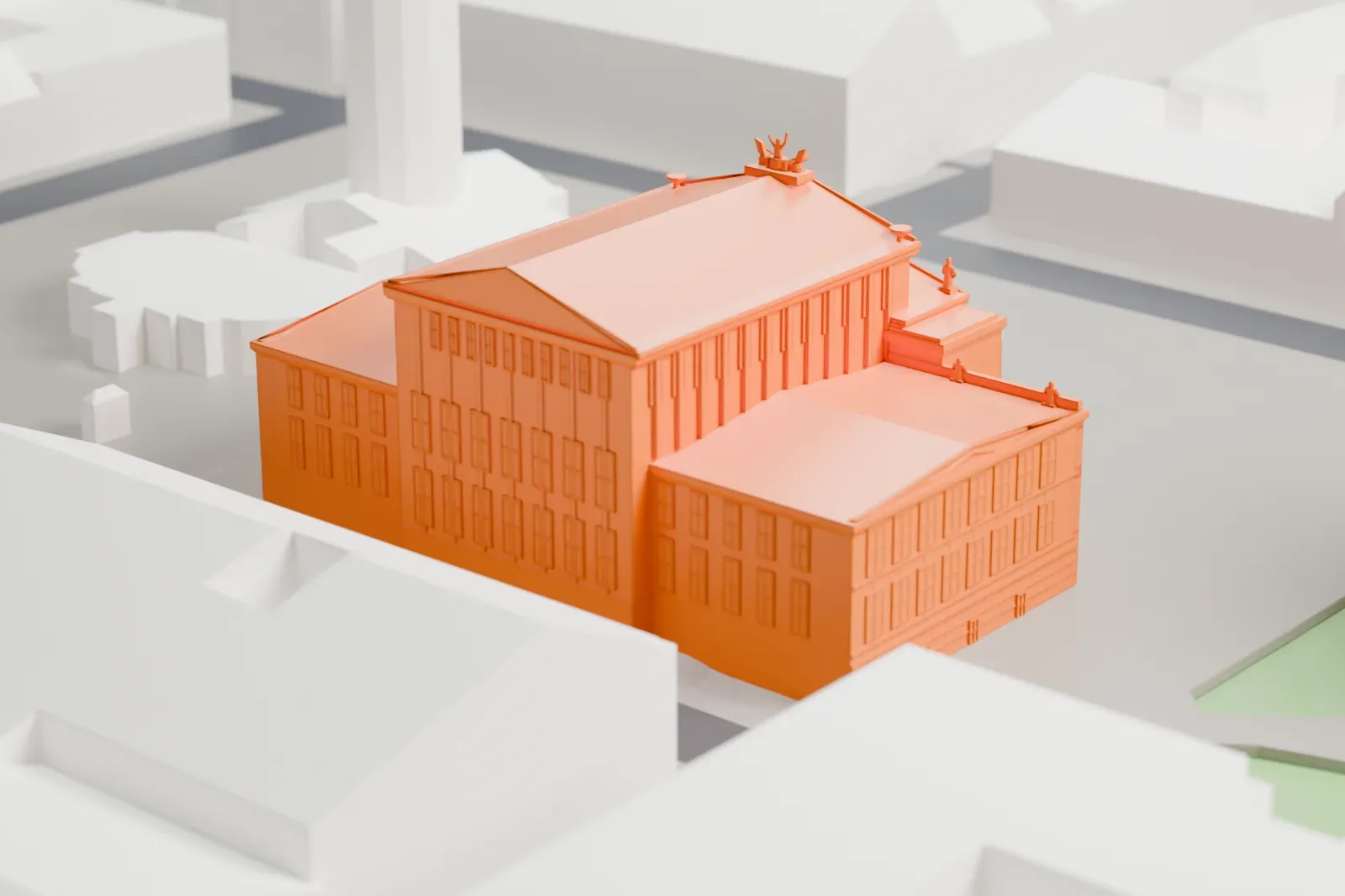 A white 3D print of the Konzerthaus Berlin, a Neoclassical concert hall with a columned portico, standing on a broad square among surrounding city buildings.