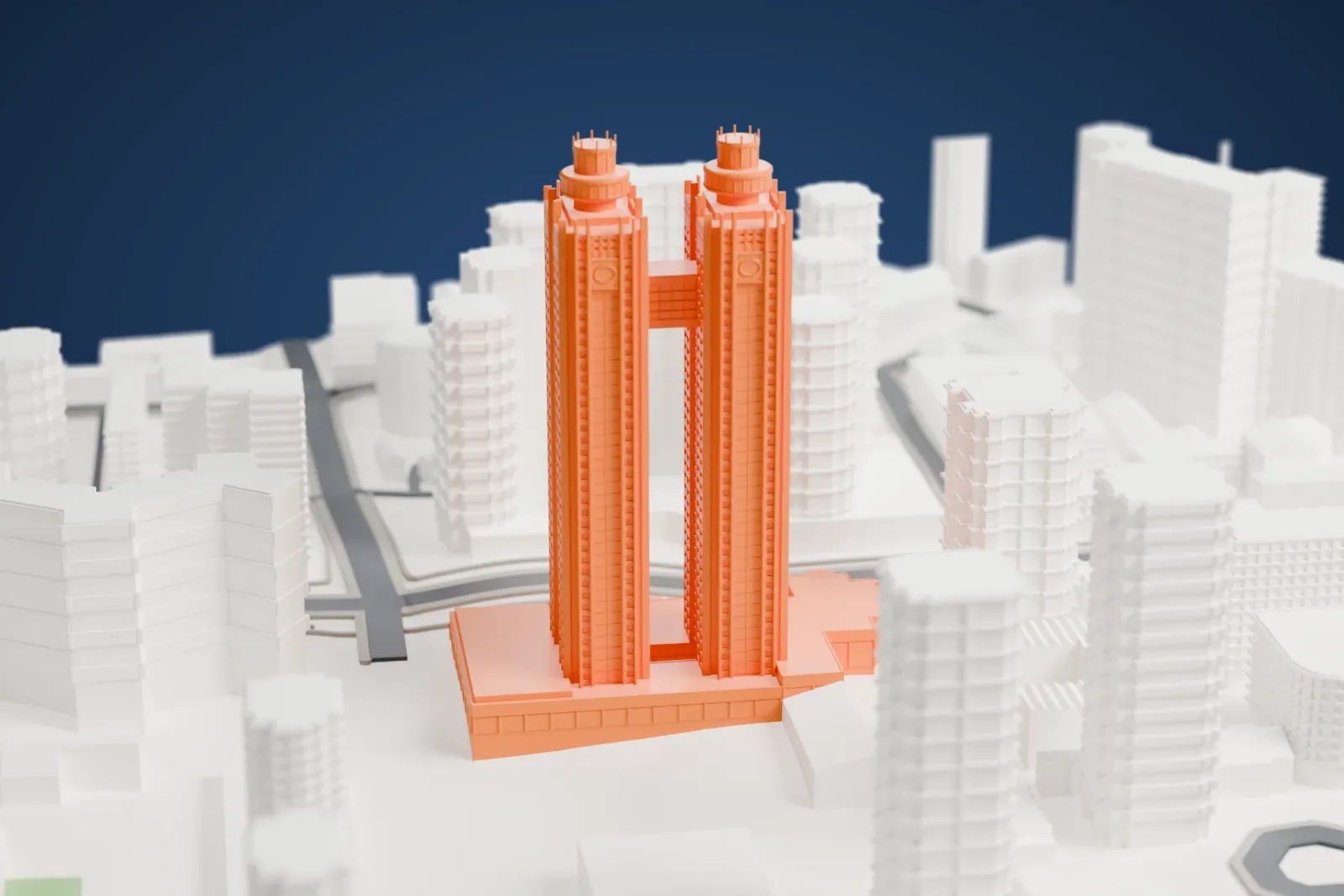 A white 3D print of the Koryo Hotel, its twin towers joined by a high bridge and topped by round restaurant crowns, among the streets and buildings around Pyongyang Station.