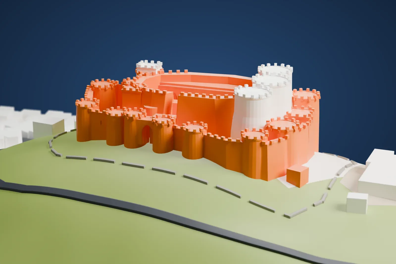 A white 3D print of Krak des Chevaliers, a hilltop castle with rings of round crenellated towers, on a green hillside with a few village buildings nearby.