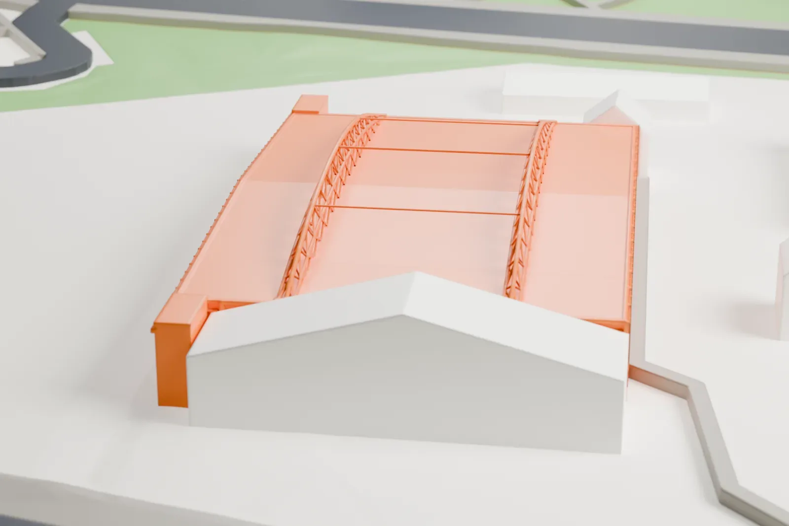 A white 3D print of the Czyżyny aircraft hangar, a broad low hall with two arched lattice girders above its roof, among surrounding streets and buildings.