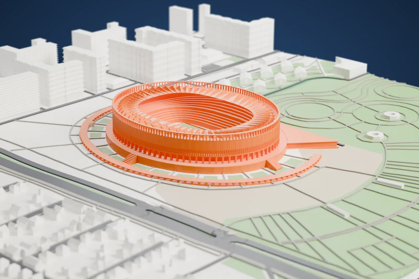 A white 3D print of the Krasnodar Stadium, a low oval football ground with an open roof center, among the surrounding park and buildings.