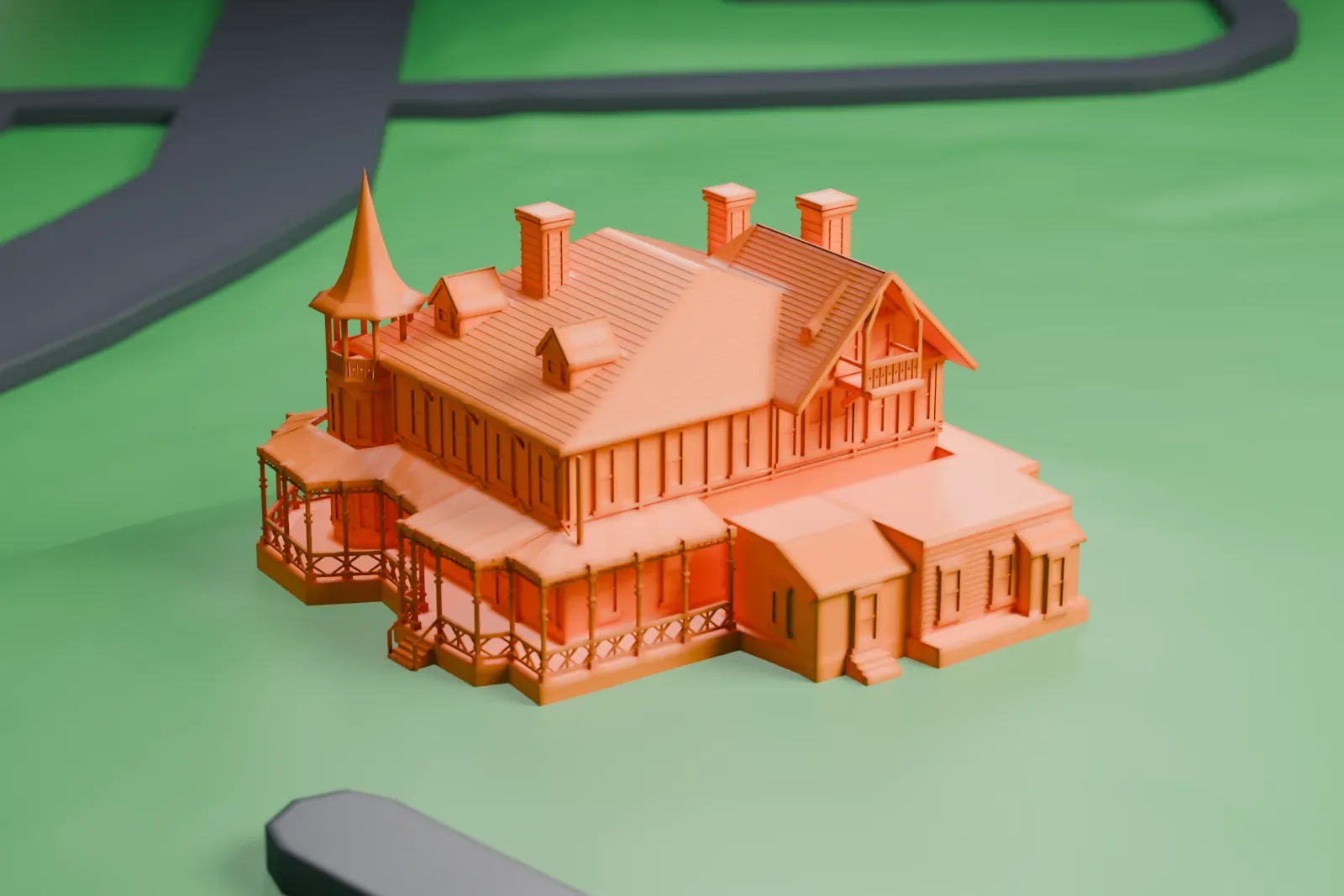 A white 3D print of Kreischer House, a large gabled house with a pointed corner tower, tall chimneys and wraparound verandas, standing on open ground with a road nearby.