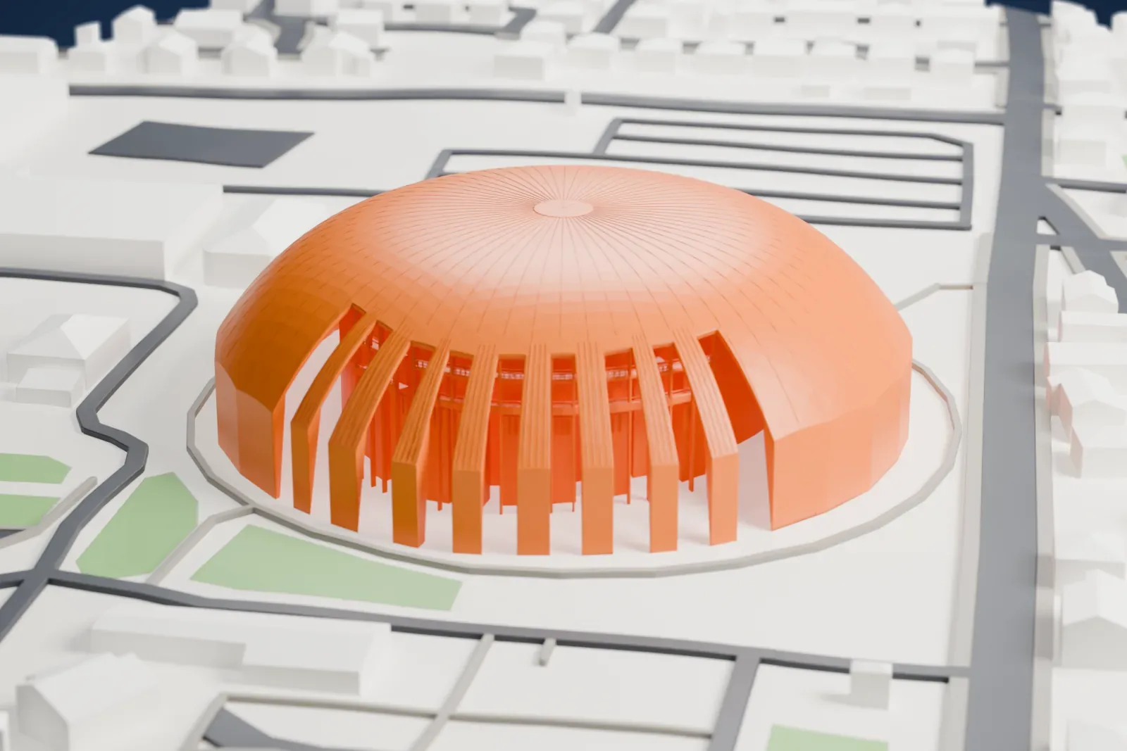 A white 3D print of the Krešimir Ćosić Hall, a large ribbed dome with a row of tall fins along one side, among surrounding streets and buildings.