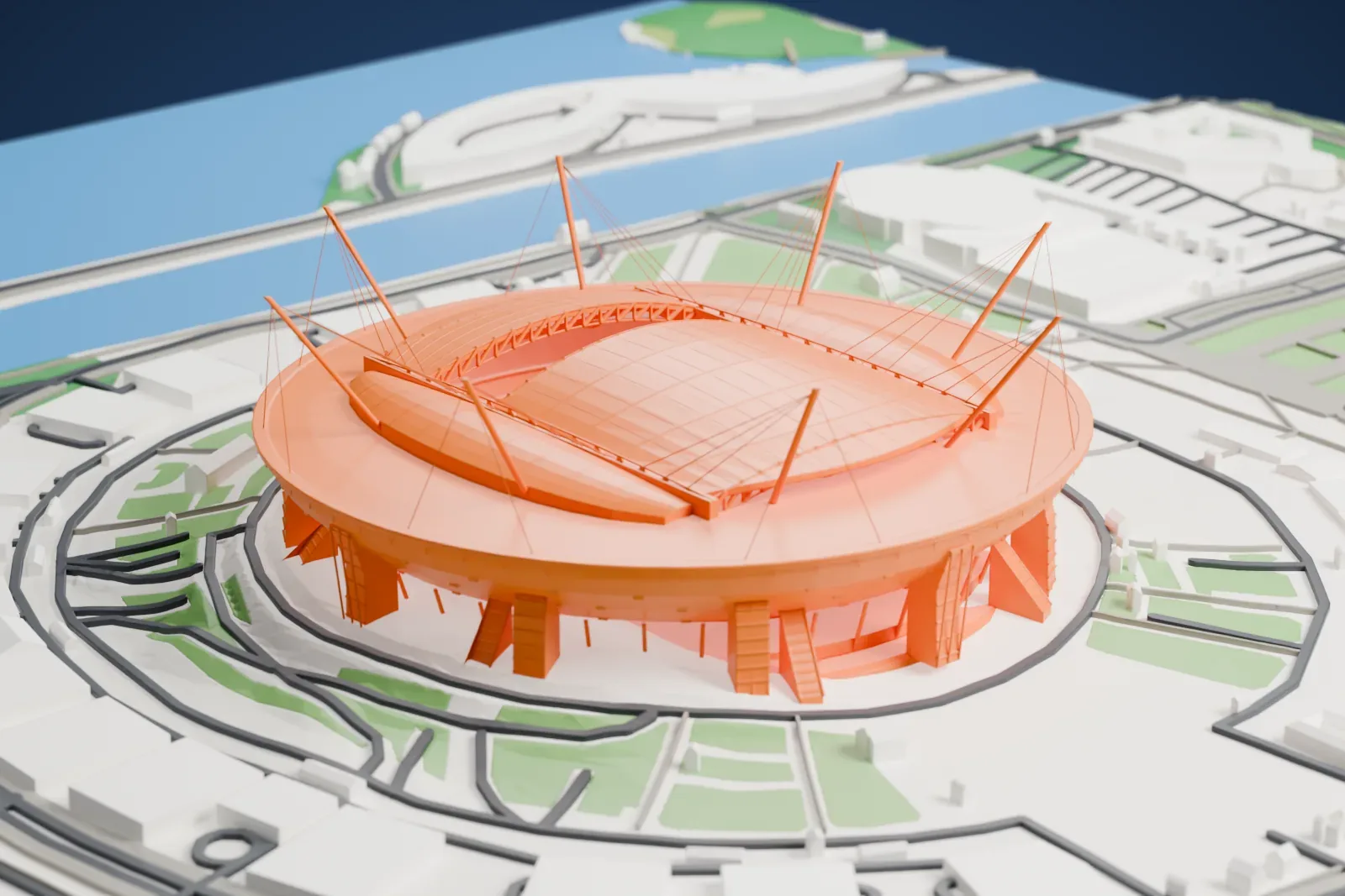 A white 3D print of the Krestovsky Stadium, a broad roofed bowl, set among the surrounding streets and buildings of Saint Petersburg.