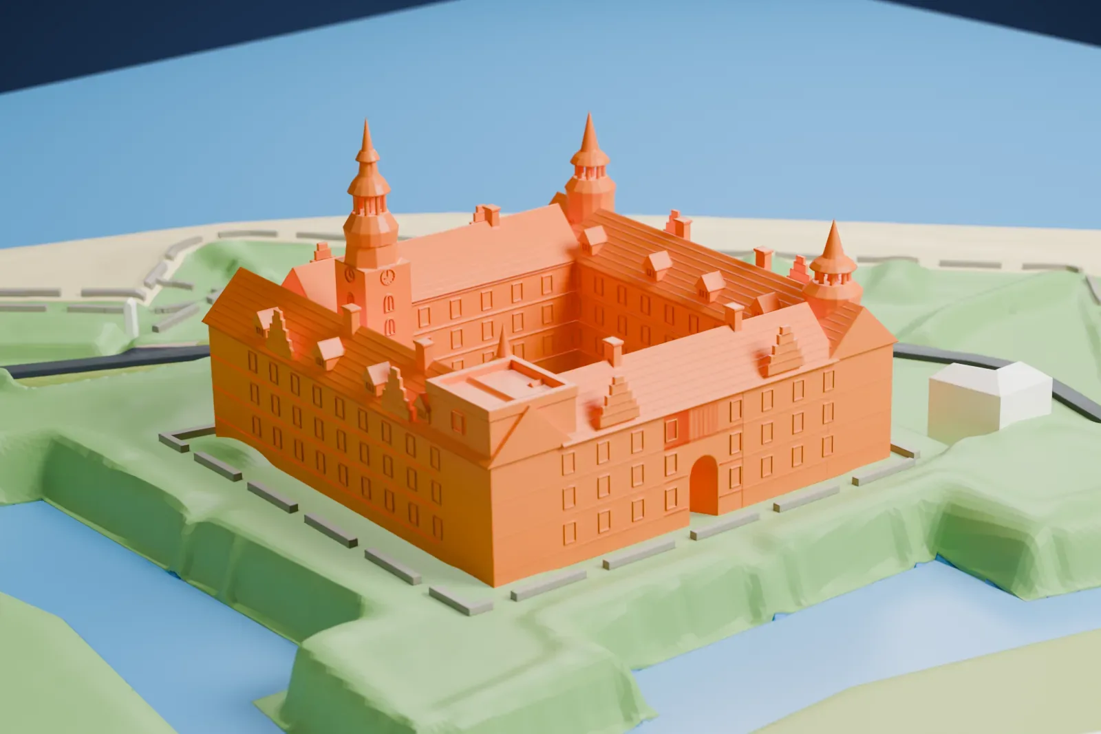 A white 3D print of Kronborg, a square castle around a courtyard with corner turrets topped by slim spires, stepped gables and a taller central tower, set on green ground with water and a sandy shore nearby.