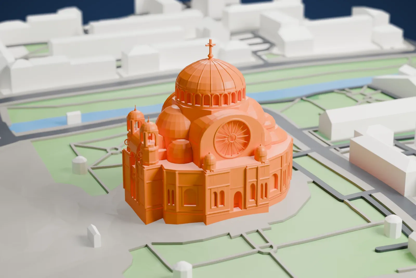 A white 3D print of the Kronstadt Naval Cathedral in Kronstadt, with surrounding streets and buildings.