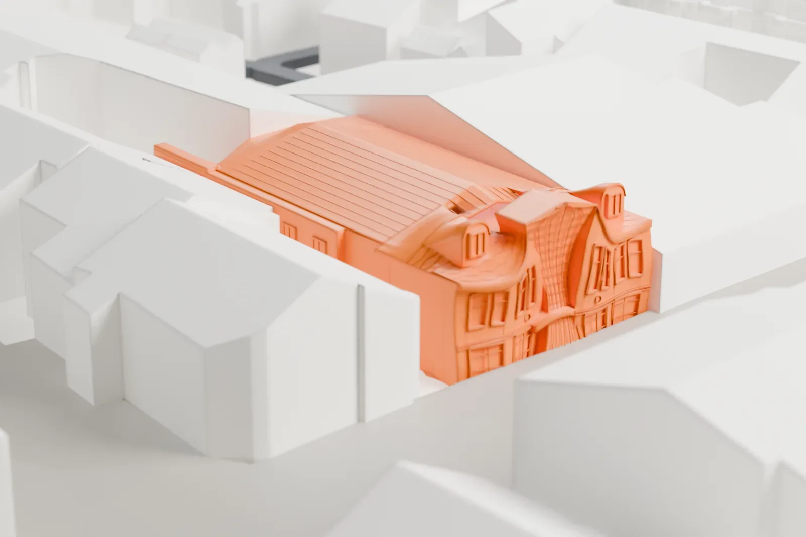 A white 3D print of Krzywy Domek, with its bowed walls, rolling roof and glazed entrance among the surrounding streets and buildings.