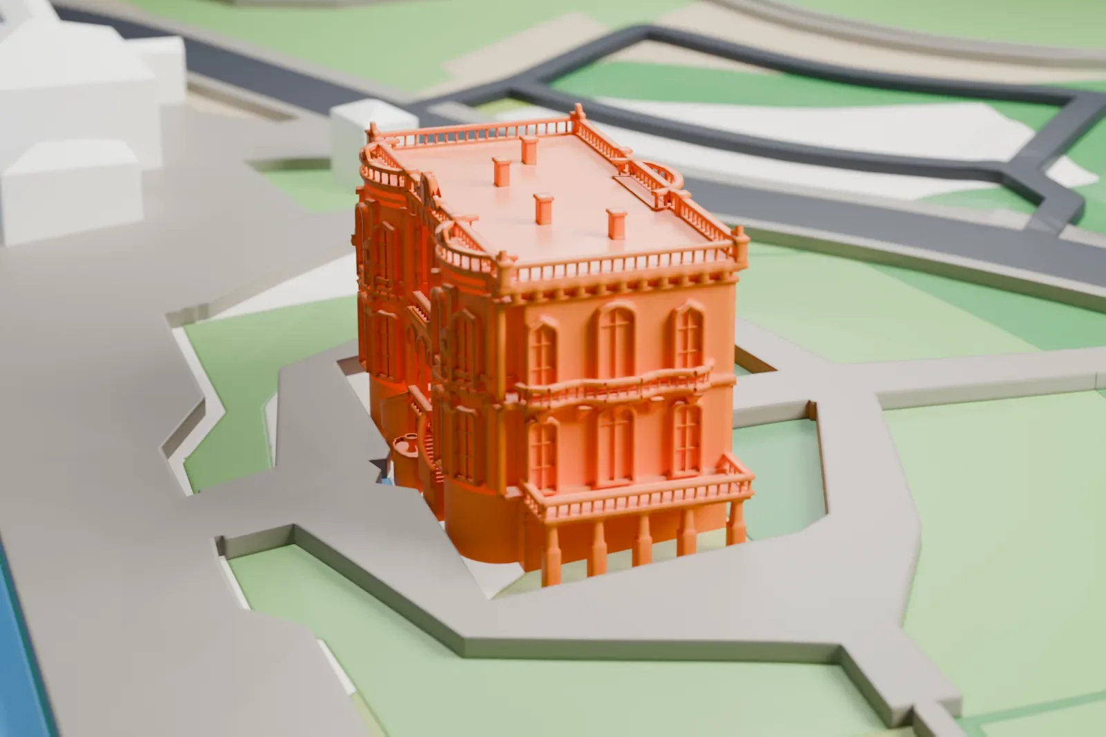 A white 3D print of the Küçüksu Pavilion beside the Bosphorus in Istanbul, with surrounding buildings.
