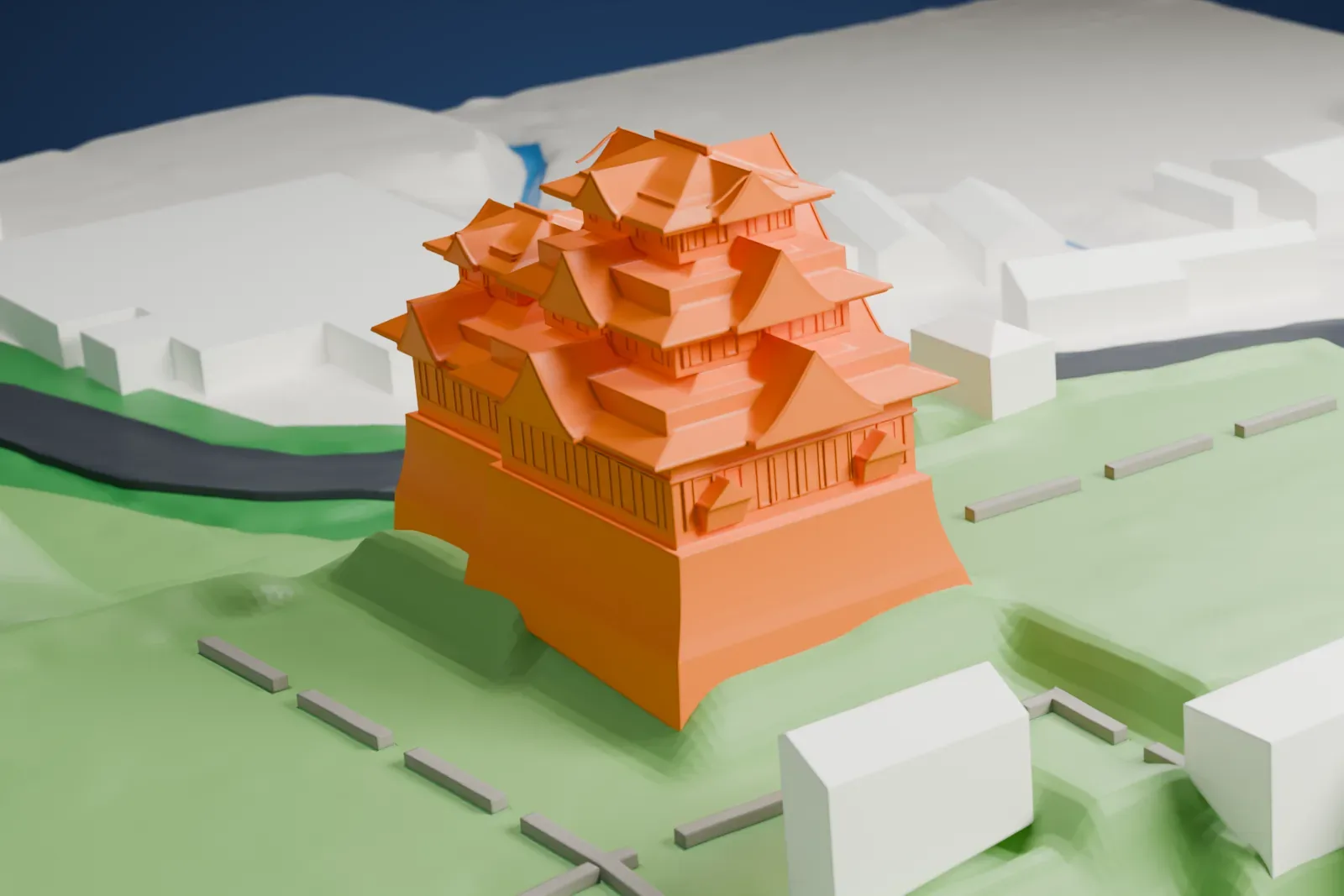 A white 3D print of Kumamoto Castle, a tiered keep and a smaller tower with stacked curved roofs on flared stone bases, set on green grounds with paths and a few buildings around it.