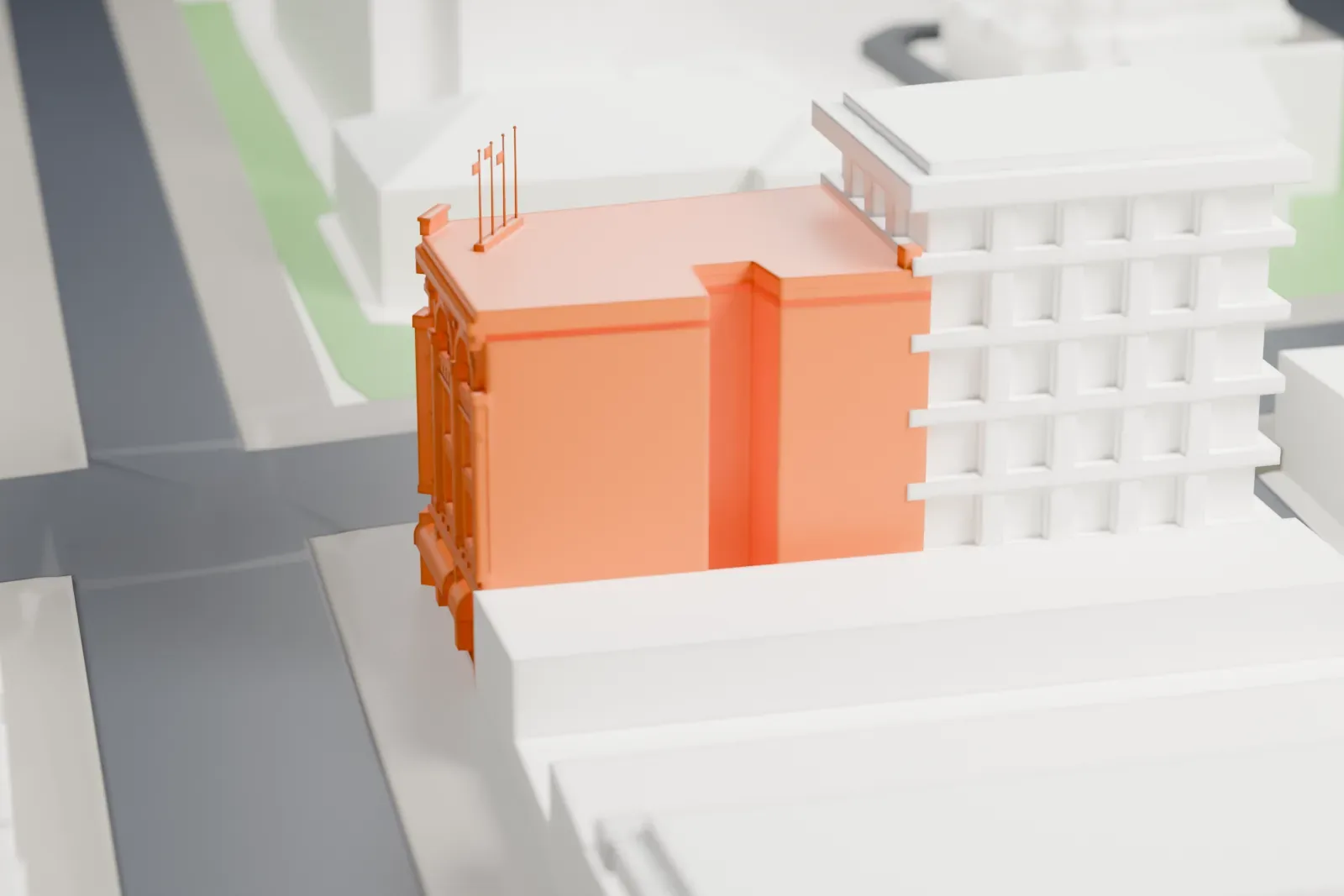 A white 3D print of the Kuomintang Building, with surrounding streets and buildings.