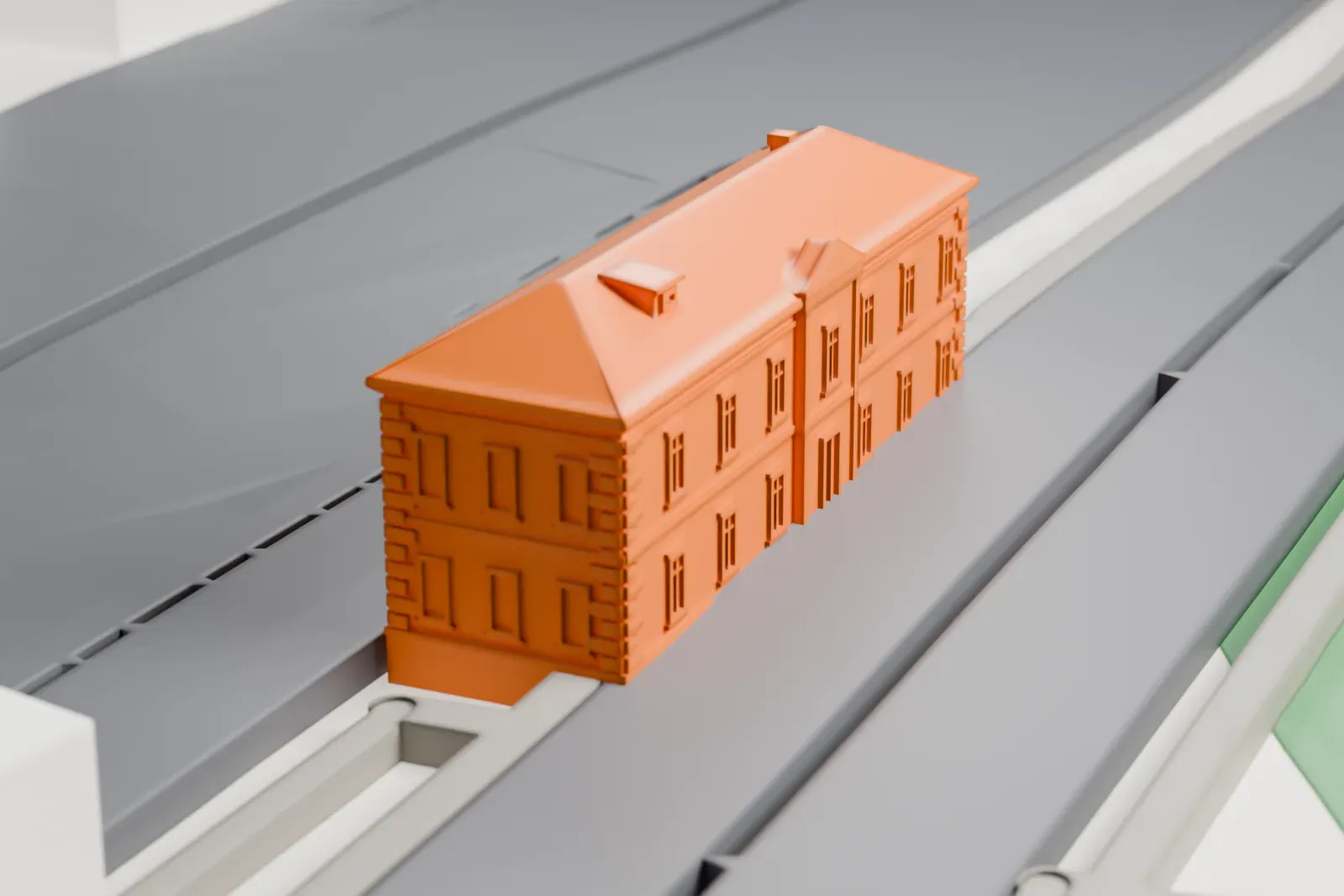 A white 3D print of Kuskovo railway station among the surrounding streets and buildings in Moscow.
