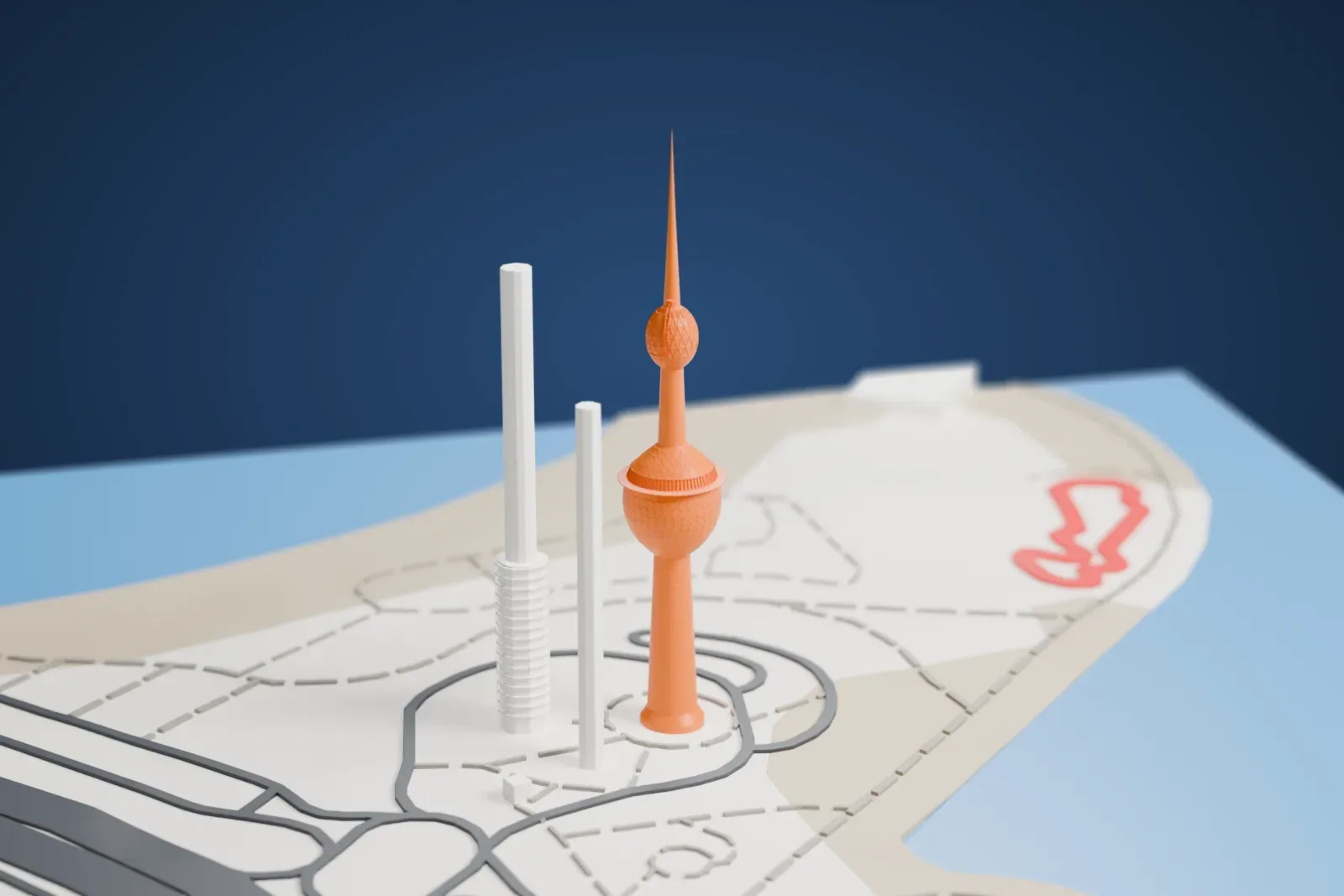 A white 3D print of the Kuwait Towers, a tall tower with two spheres and a thin spire, with two slimmer towers beside it on a waterfront with roads and the sea.