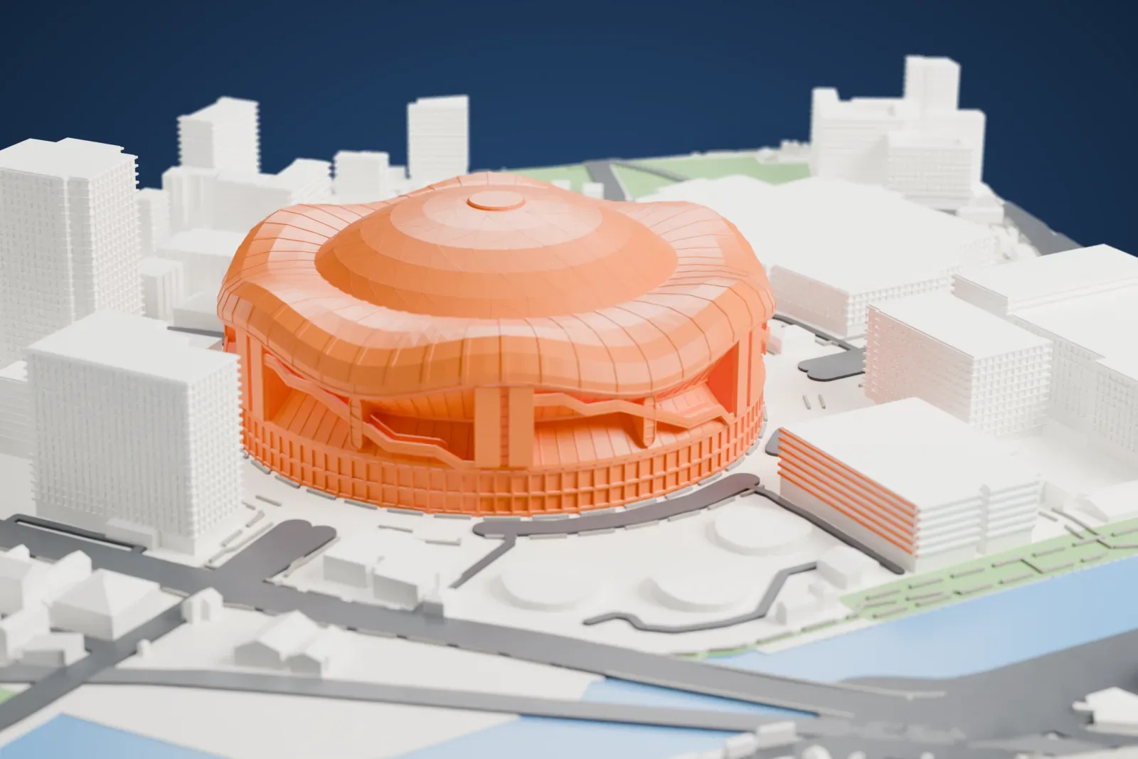 A white 3D print of Kyocera Dome Osaka, a round stadium with a central dome and a wavy roof ring, surrounded by tall buildings, curved roads and water.