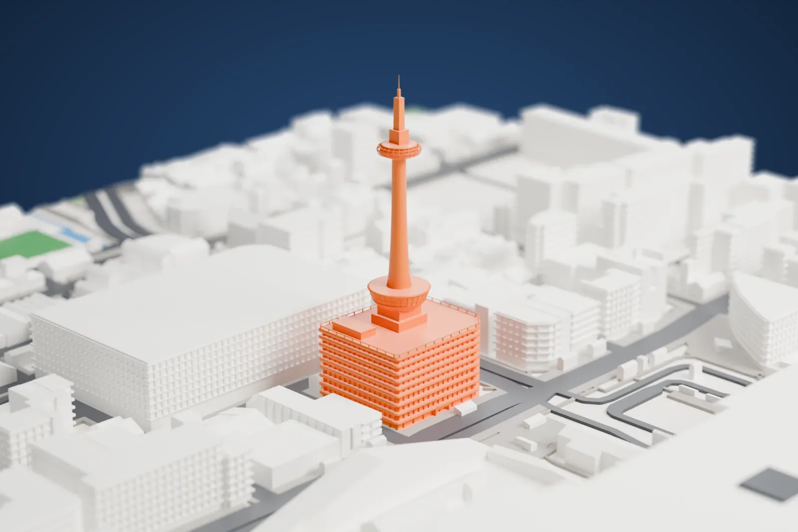 A white 3D print of the Kyoto Tower rising from its hotel base, with surrounding streets and buildings.