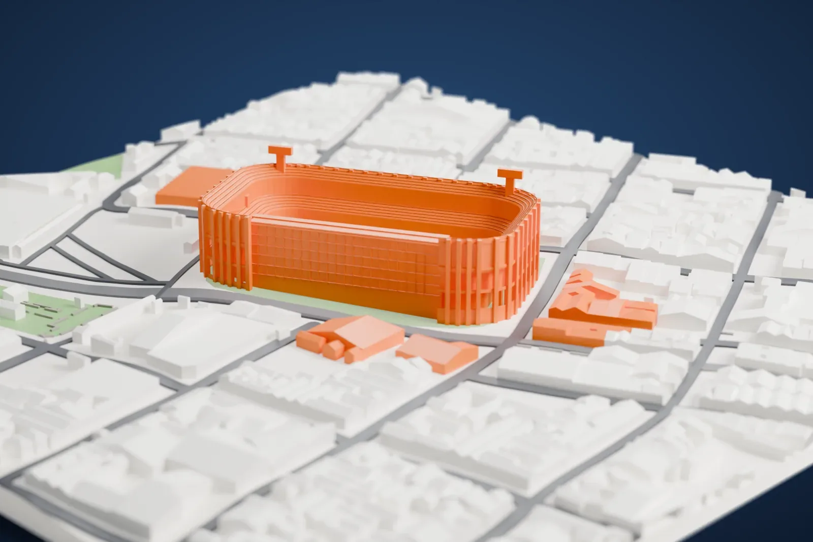 A white 3D print of La Bombonera, a boxy stadium with a curved ribbed outer wall, a tall flat stand on one side and stepped stands around the pitch, set among streets and low buildings.
