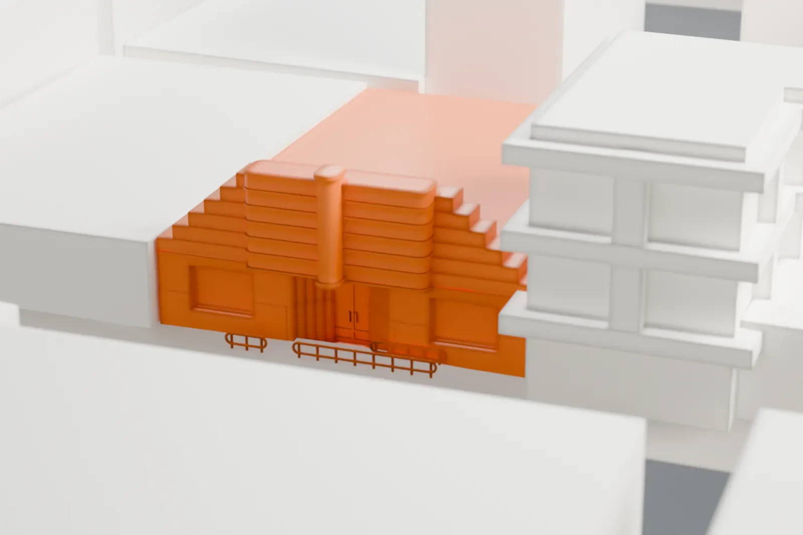 A white 3D print of La Casina, shown among the surrounding streets and buildings.
