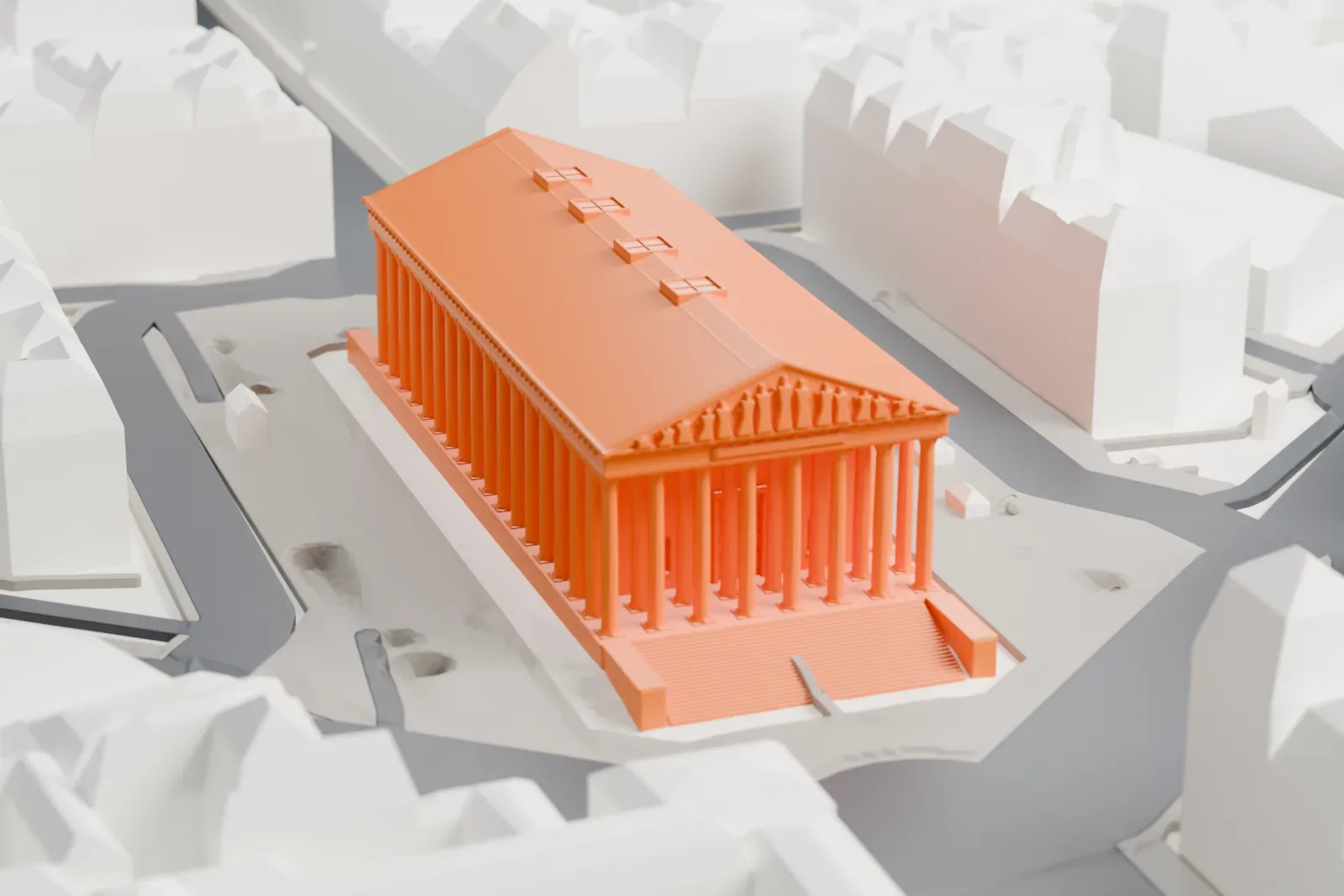 A white 3D print of La Madeleine in Paris, with the surrounding streets and buildings of the eighth arrondissement.