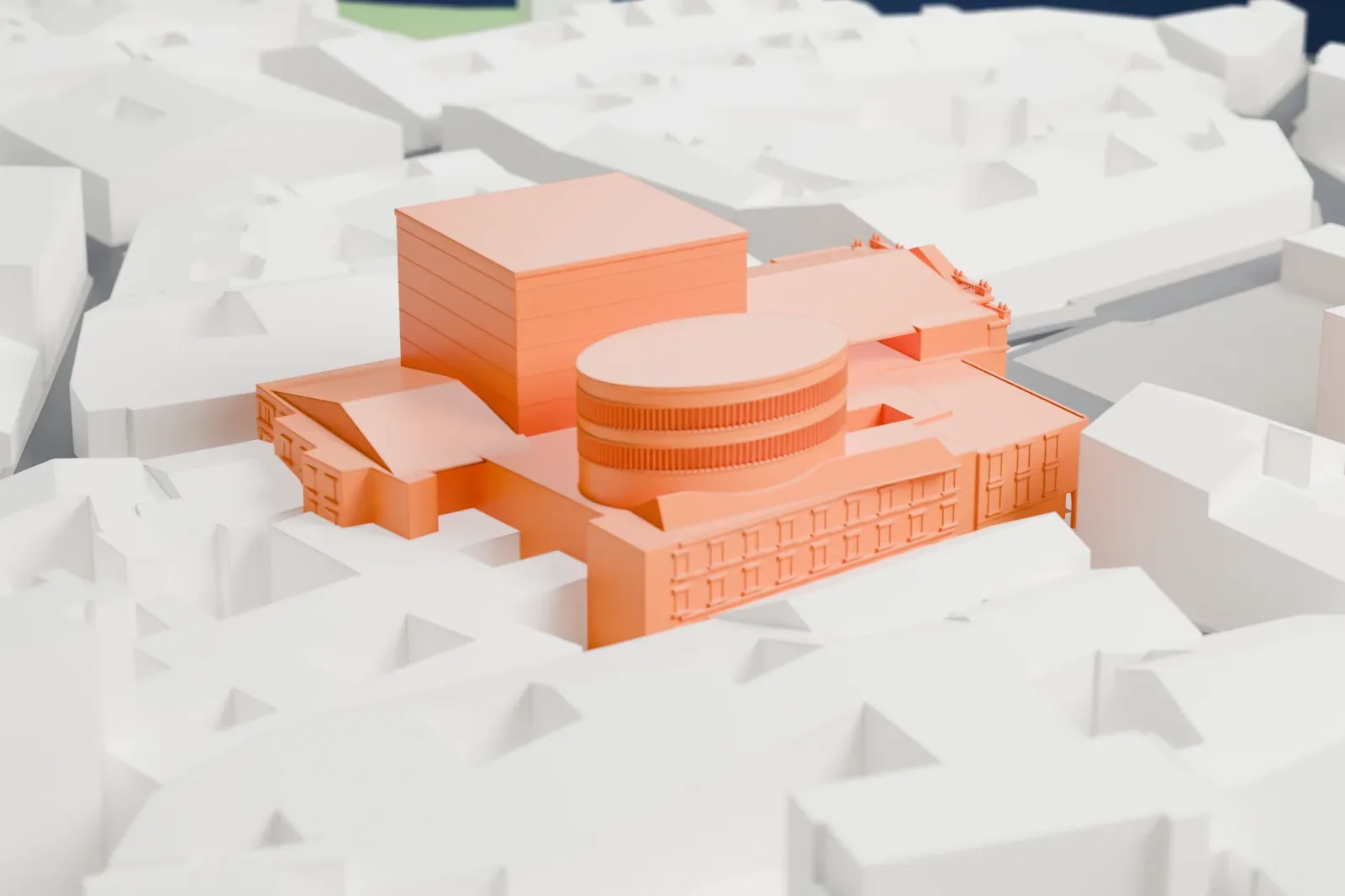A white 3D print of La Scala, a neoclassical opera house with a broad entrance front, among the streets and buildings of central Milan.