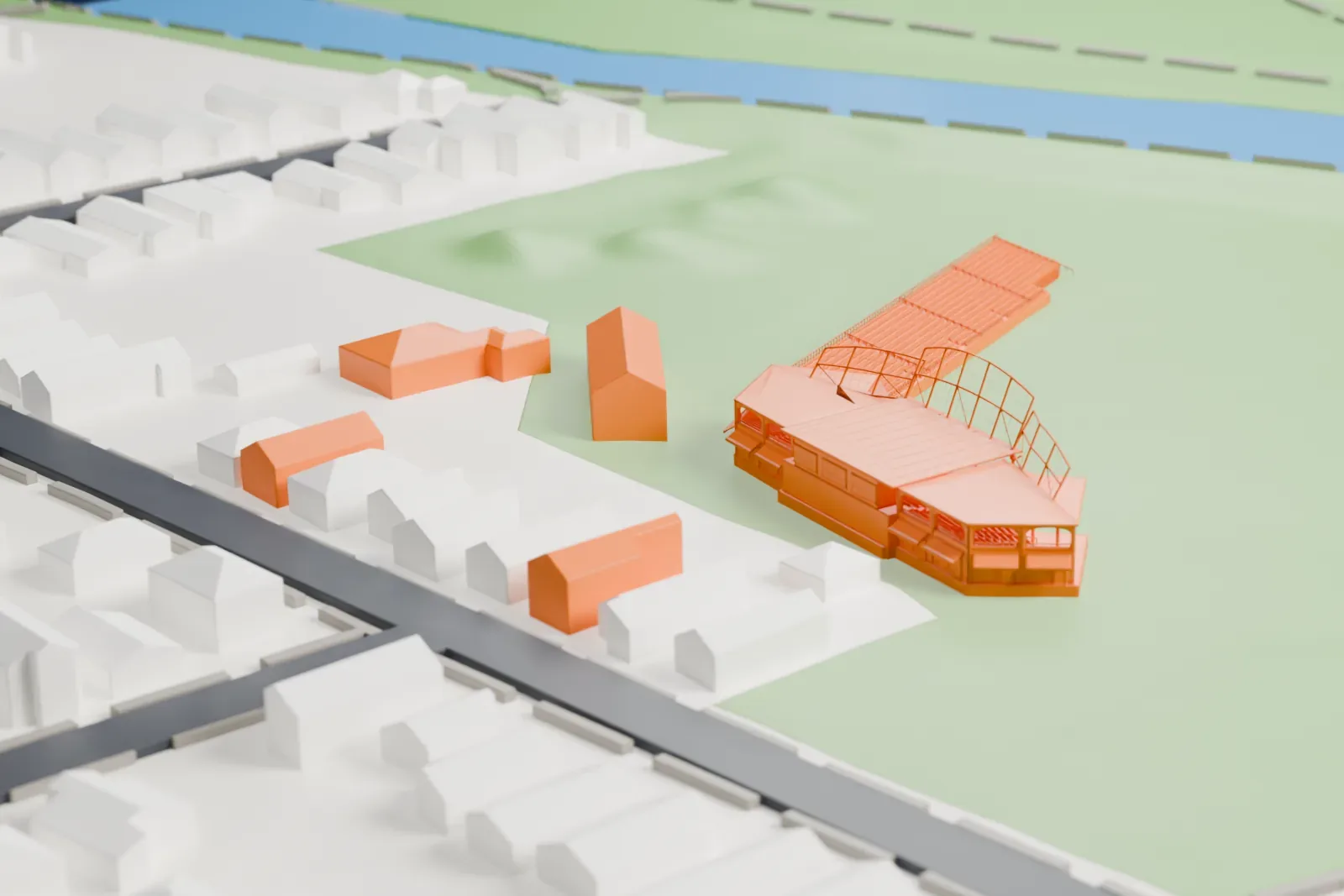 A white 3D print of Labatt Park, a baseball ground with a grandstand under a thin arched roof frame and a long low bleacher block, set on open grass beside houses and a stretch of water.