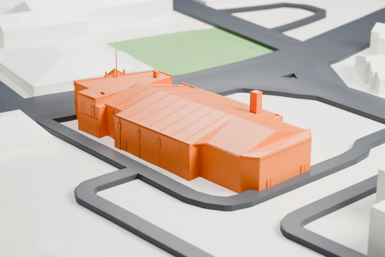 A white 3D print of the Lafayette Theatre, a small theater building at a street corner, with low buildings and a grid of streets around it.