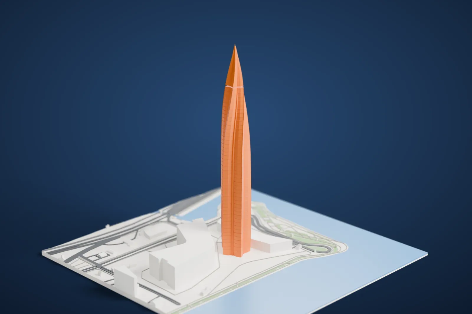 A white 3D print of the Lakhta Center, a very tall slender tower rising among the surrounding streets and buildings of Lakhta in Saint Petersburg.