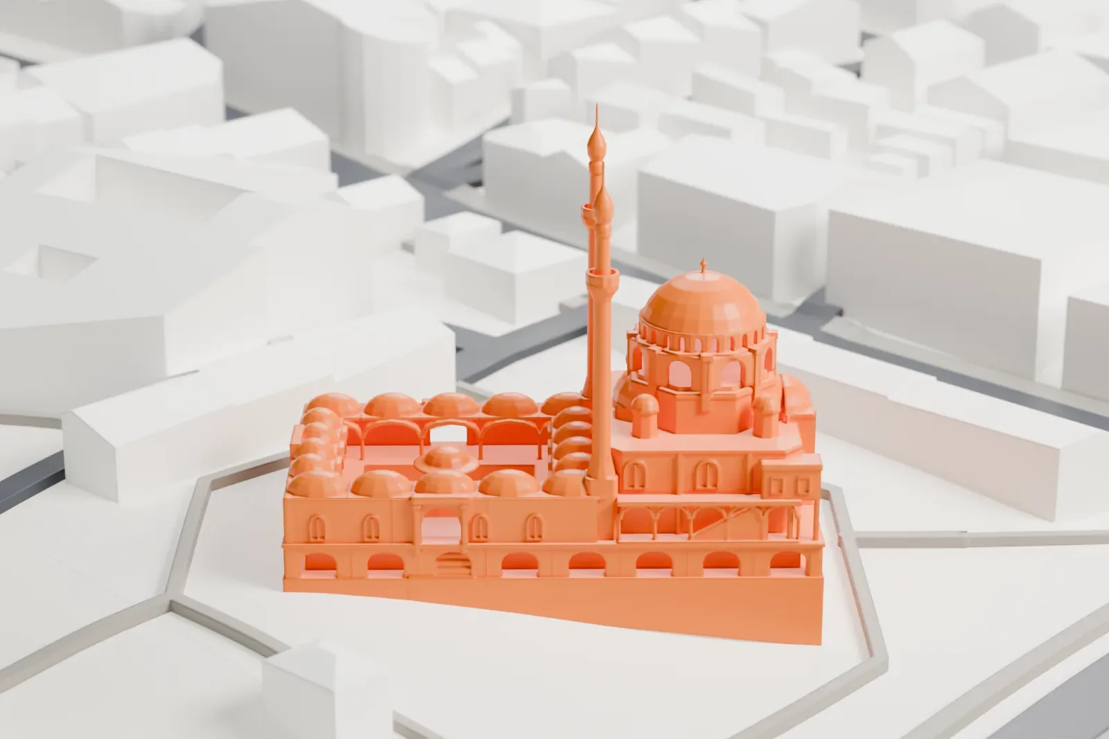 A white 3D print of the Laleli Mosque with its dome and two minarets, standing among the surrounding streets and buildings.