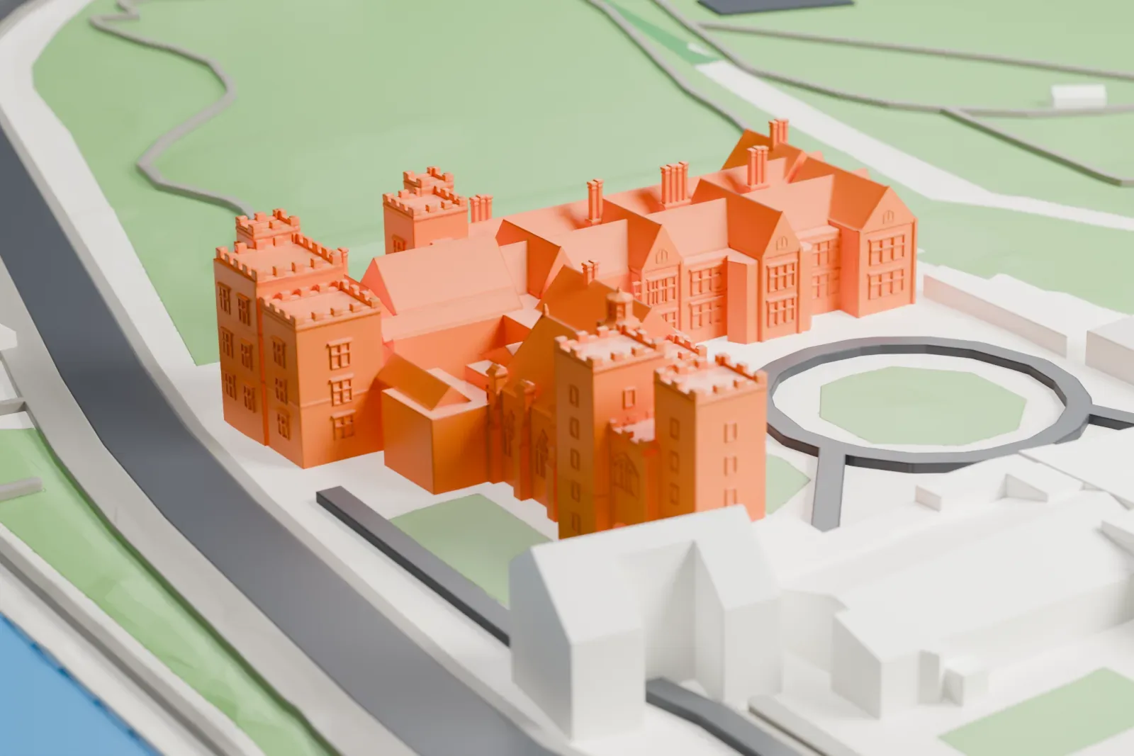 A white 3D print of Lambeth Palace in London, shown among the surrounding streets and buildings.