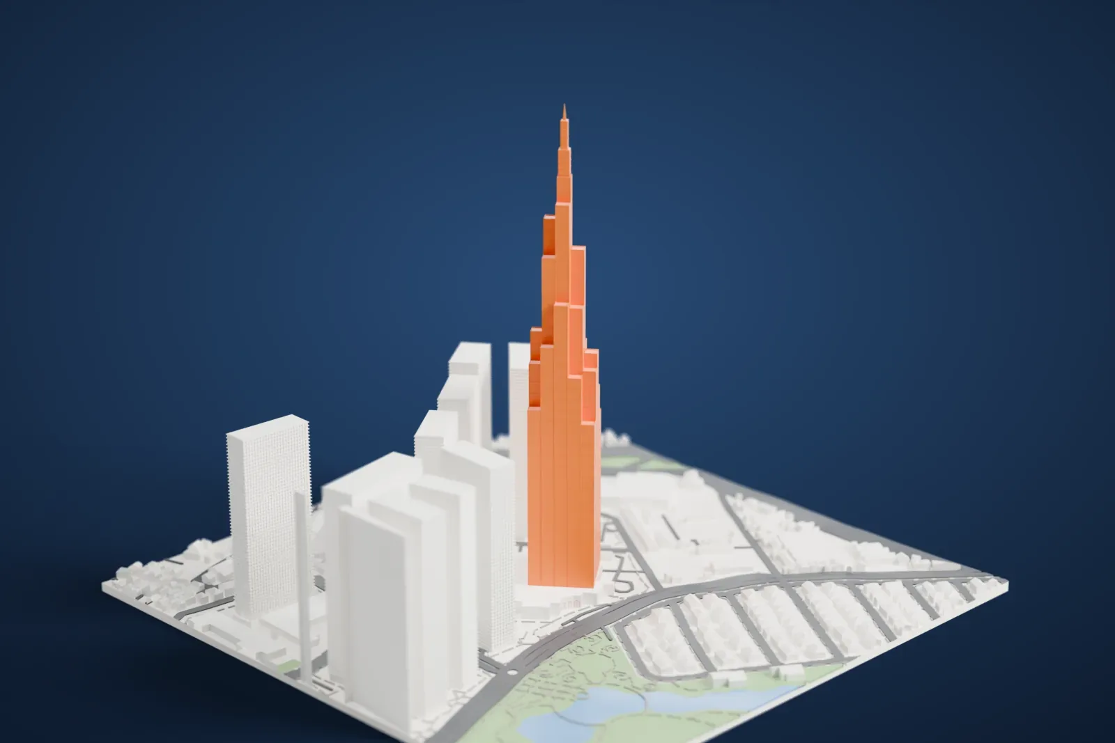A white 3D print of Landmark 81, a very tall stepped tower with a thin spire, standing among other tall towers, low houses and a park with ponds.