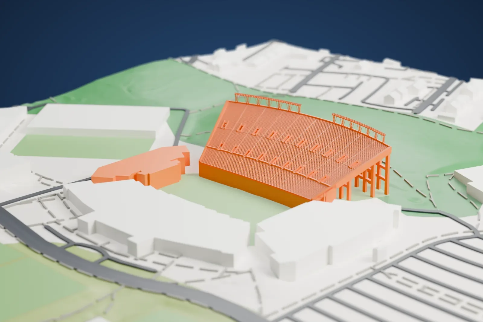 A white 3D print of Lane Stadium, two curved grandstands on open frames of columns facing each other across the field, with plain buildings, green lawns and roads around them.