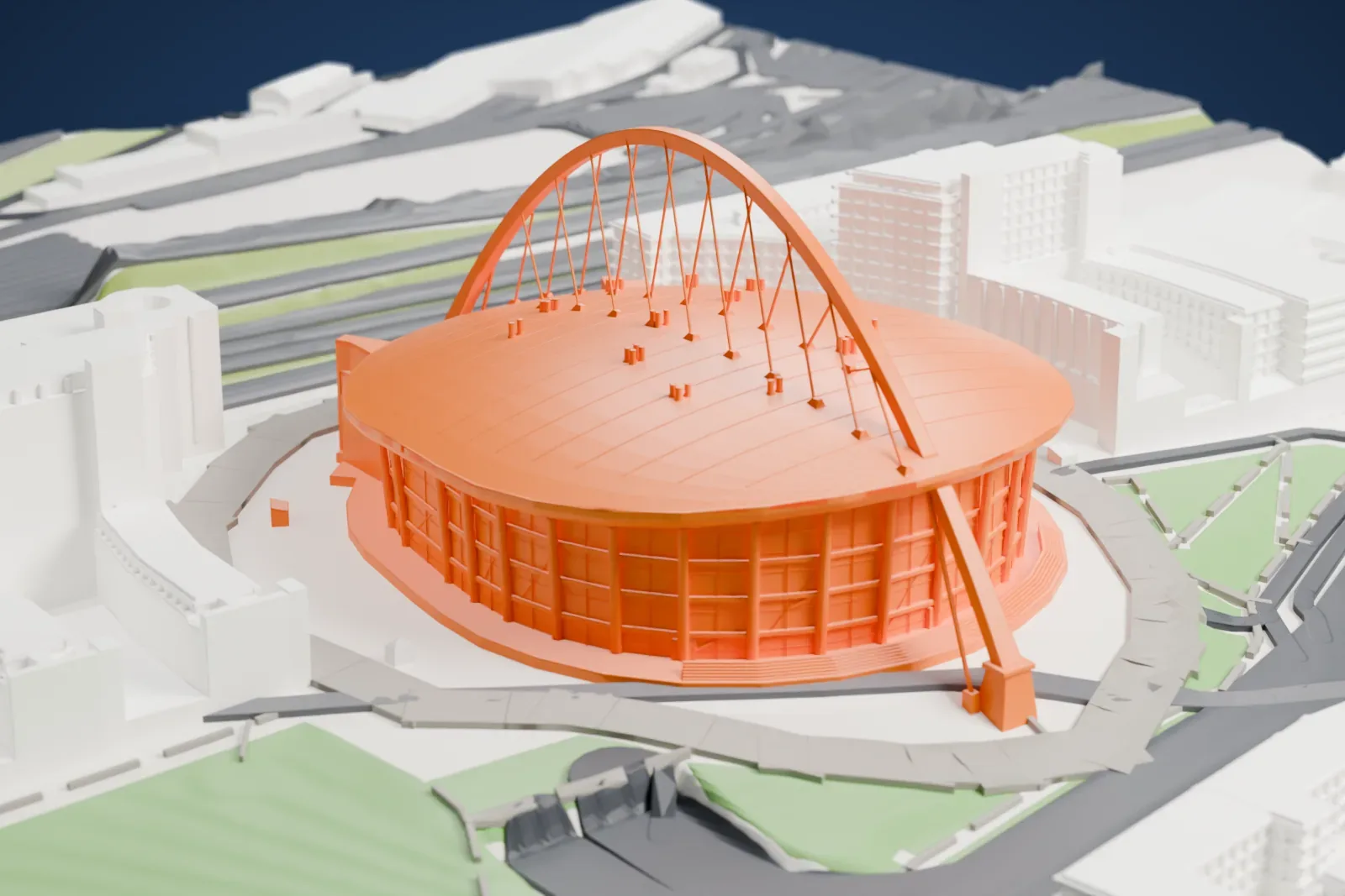 A white 3D print of Lanxess Arena, a round domed arena with a tall steel arch and cables over its roof, standing among nearby buildings, roads and green spaces.