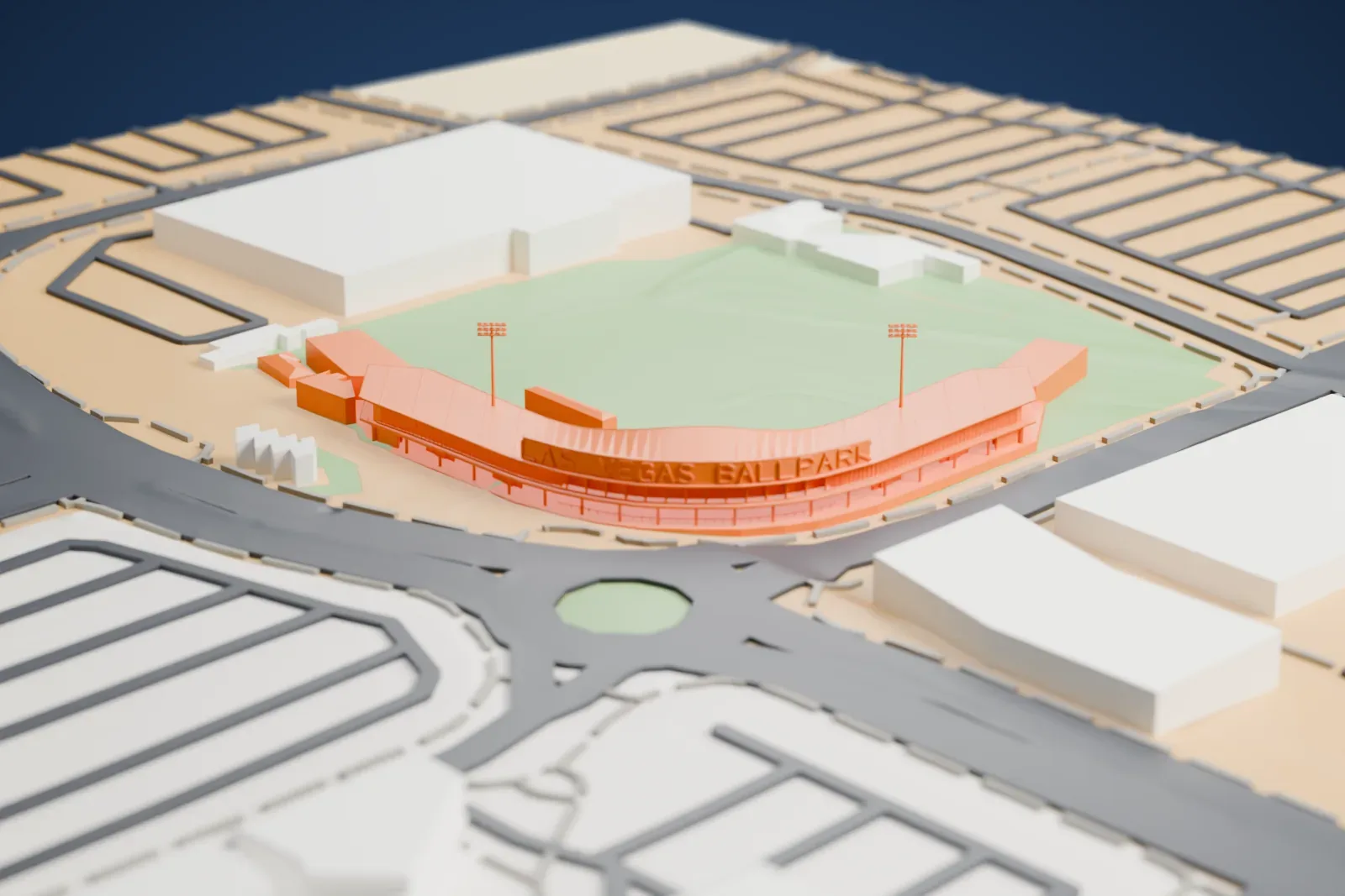 A white 3D print of Las Vegas Ballpark, a baseball field with thin curved grandstand roofs and tall floodlight poles, surrounded by roads and large flat buildings.