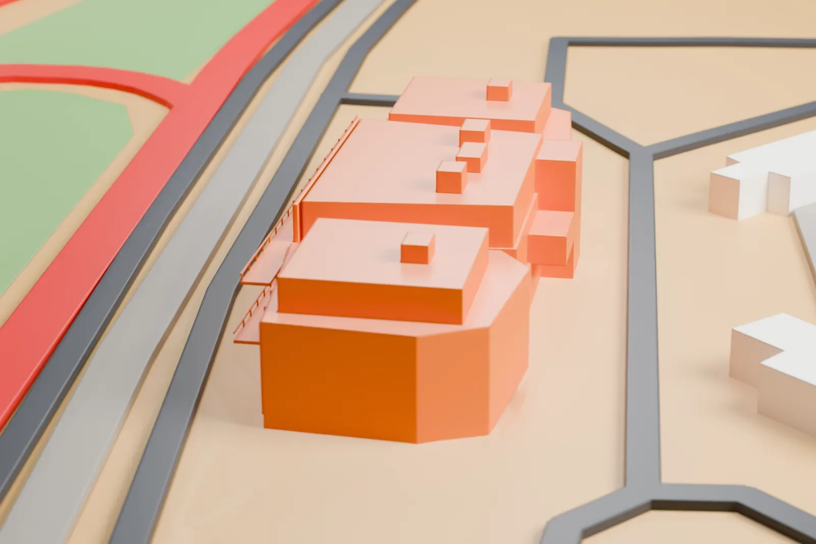 A white 3D print of the LOCALiQ Digital Center in the Las Vegas Motor Speedway infield, among the surrounding speedway buildings.