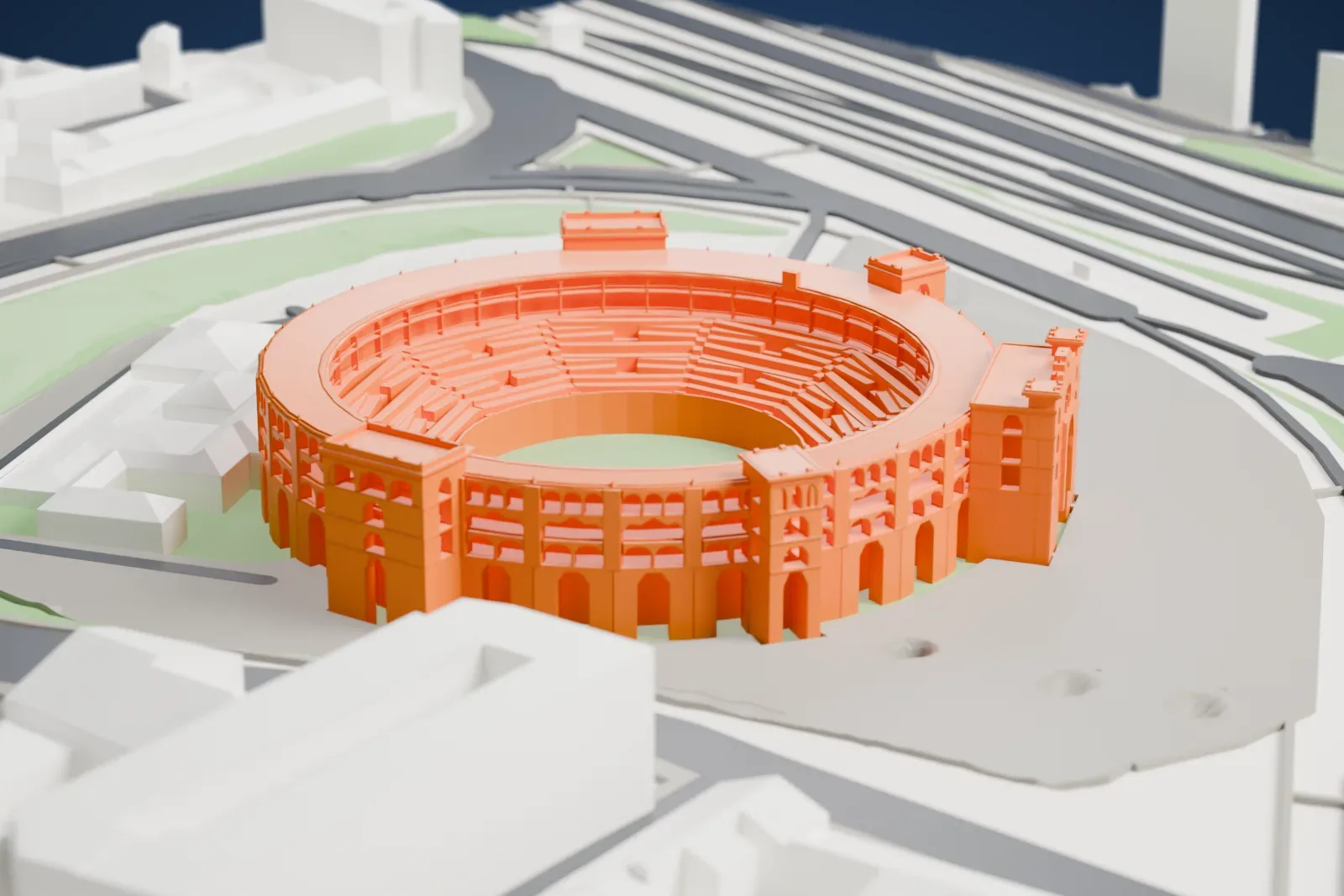 A white 3D print of Las Ventas, a circular bullring standing among the surrounding streets and buildings of Madrid.