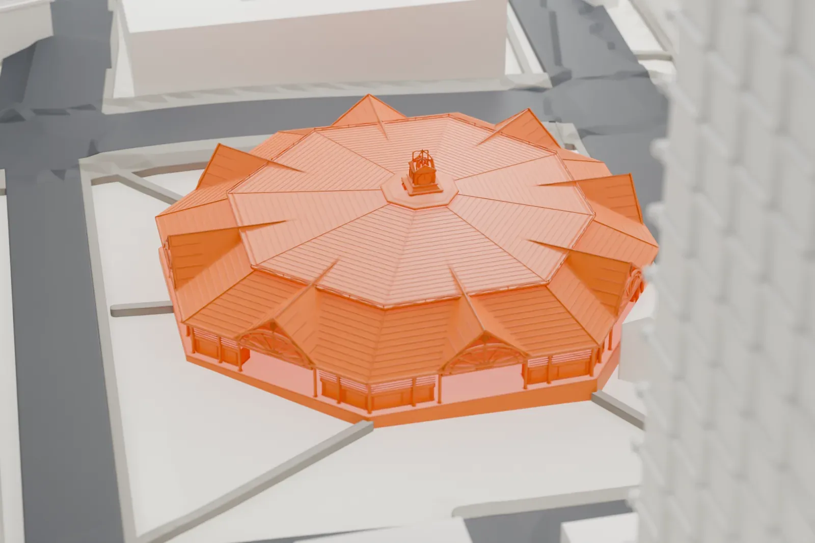 A white 3D print of Lau Pa Sat, showing its octagonal tiled roof, central clock tower and open colonnade, with city buildings around it.