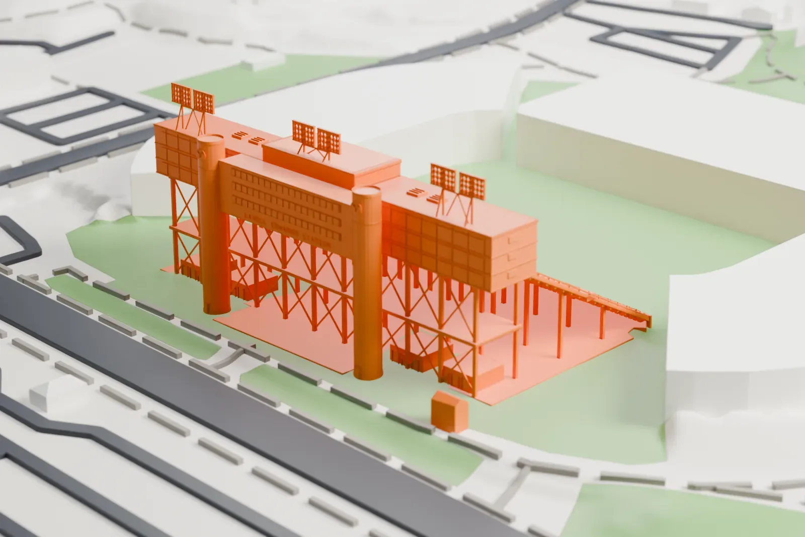 A white 3D print of LaVell Edwards Stadium, two long tiered grandstands with lamp frames on their roofs flanking a green playing field, with the end stands, roads and parking lots around it.