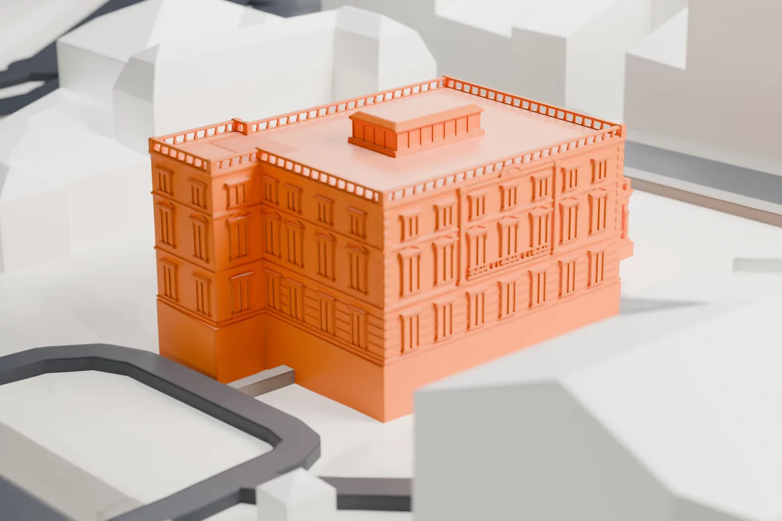 A white 3D print of the Lázaro Galdiano Museum, a palatial building in Madrid, among the surrounding streets and buildings of the city.