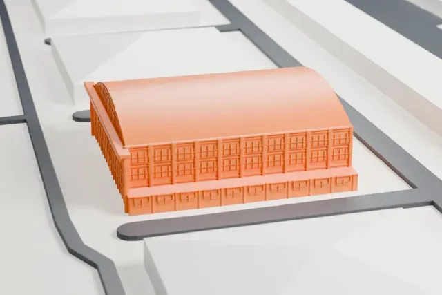 A white 3D print of the Le Bourget Lossier hangars model in Saint-Denis, with the streets around it.