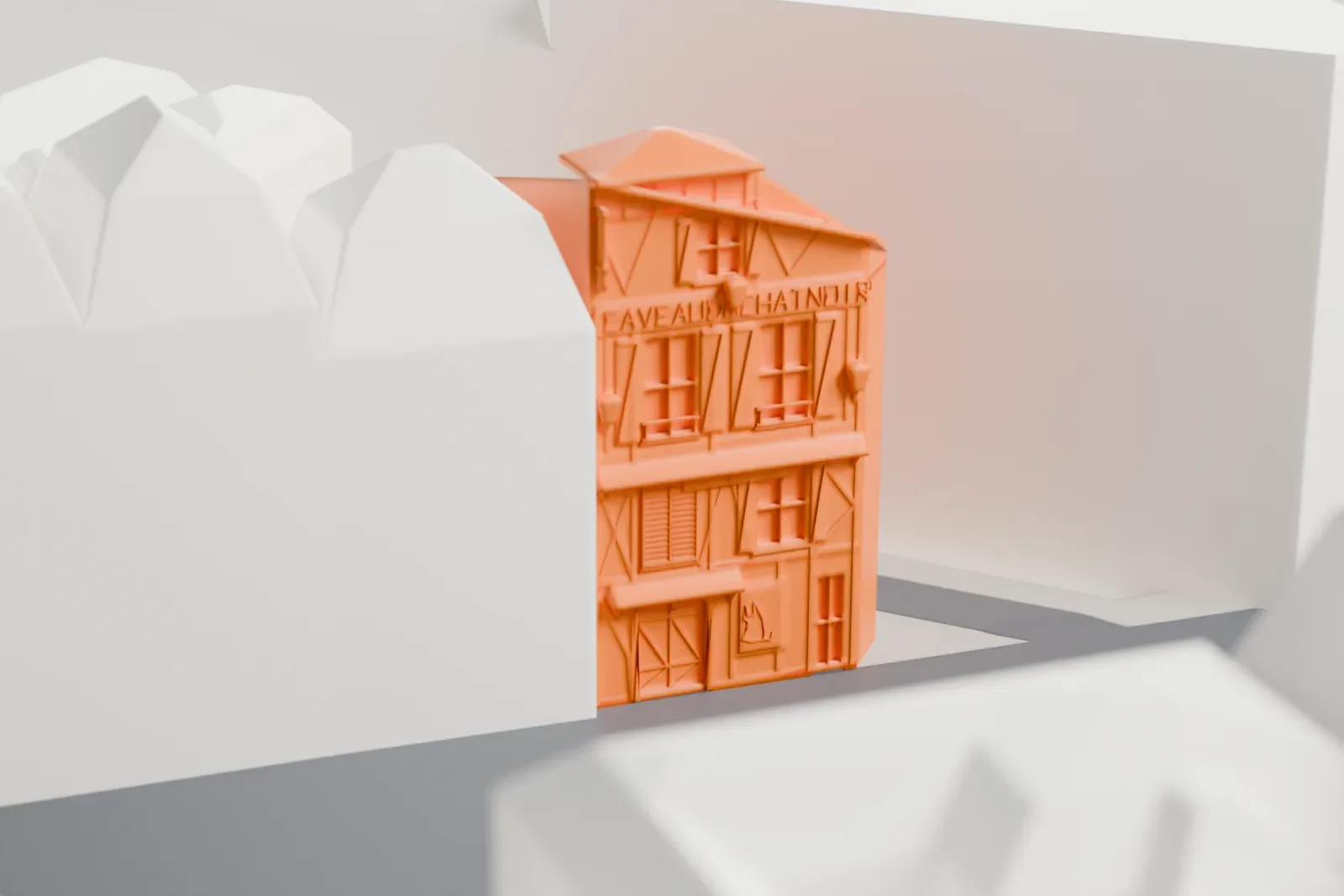 A white 3D print of the building at the Le Chat Noir site in Montmartre, a low block among the surrounding streets and buildings of Paris.
