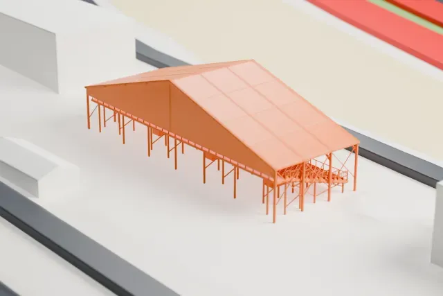 A white 3D print of the Benoist Grandstand, Le Mans model in Le Mans, with the streets around it.