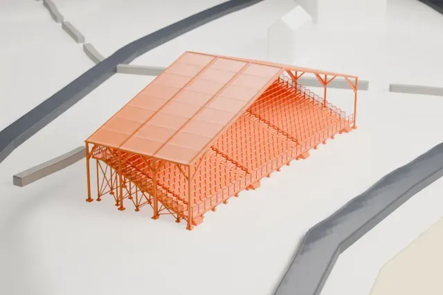 A white 3D print of the Panorama Grandstand, Le Mans model in Le Mans, with the streets around it.