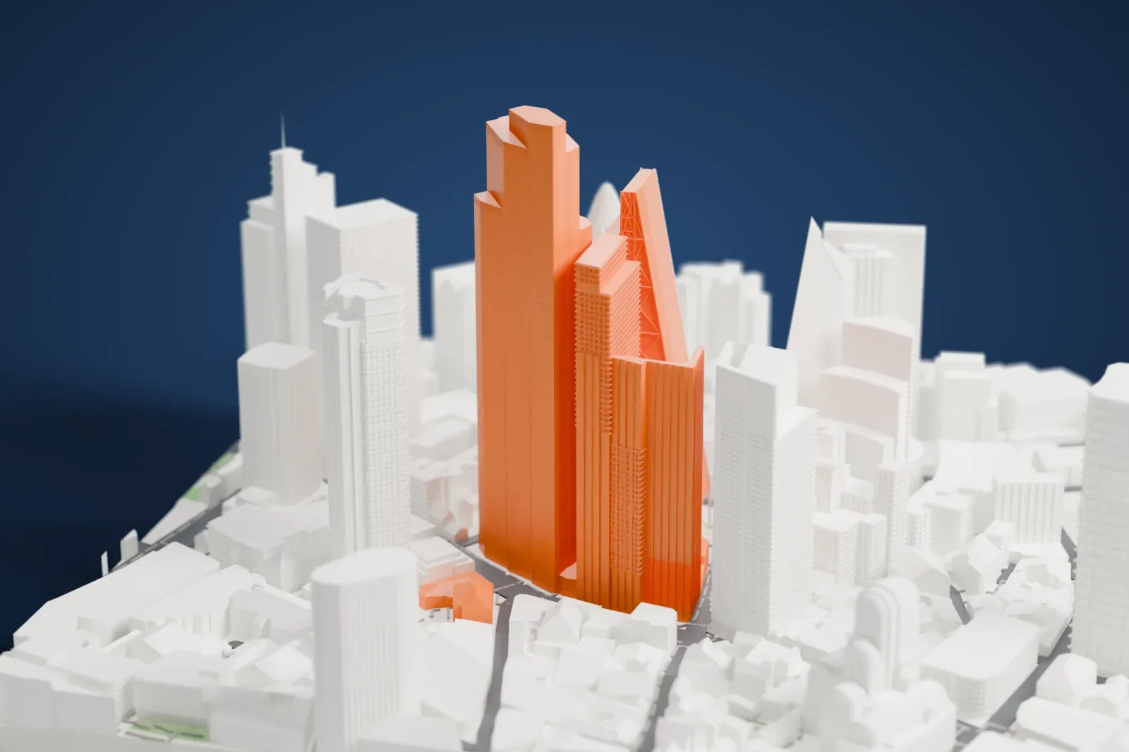 A white 3D print of the Leadenhall Building, a slim wedge-shaped tower with a sloping braced side, standing among dense tall buildings.