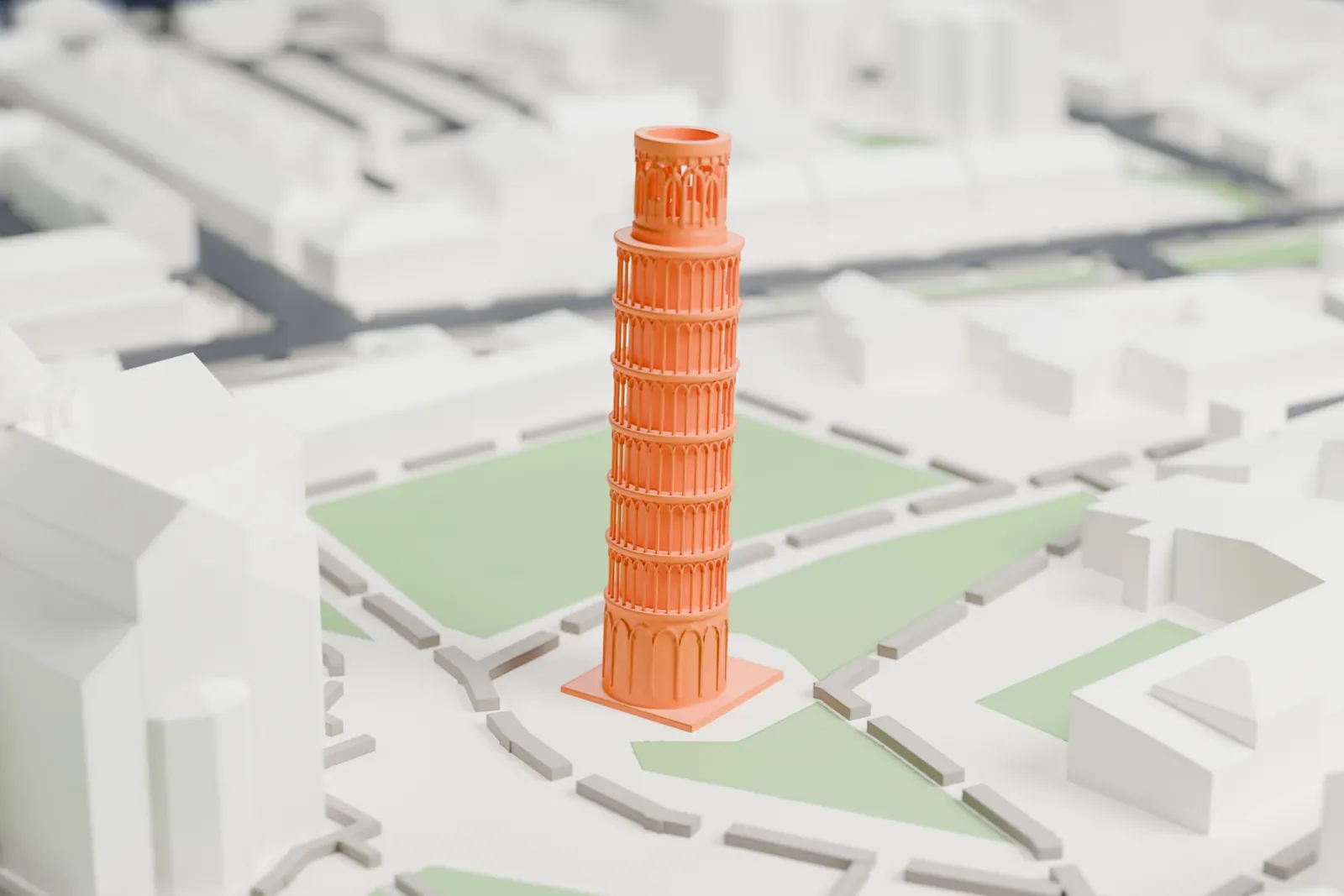 A white 3D print of the Leaning Tower of Pisa, a slender round tower of stacked arcades tilting on a square base, with cathedral-square buildings, lawns and paths around it.