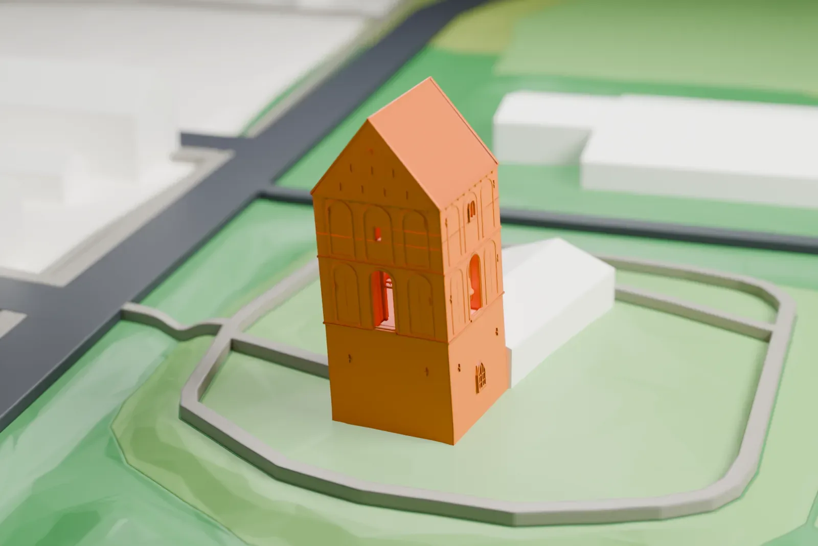 A white 3D print of the leaning brick steeple at Suurhusen, with its steep saddle roof and the surrounding streets and buildings.