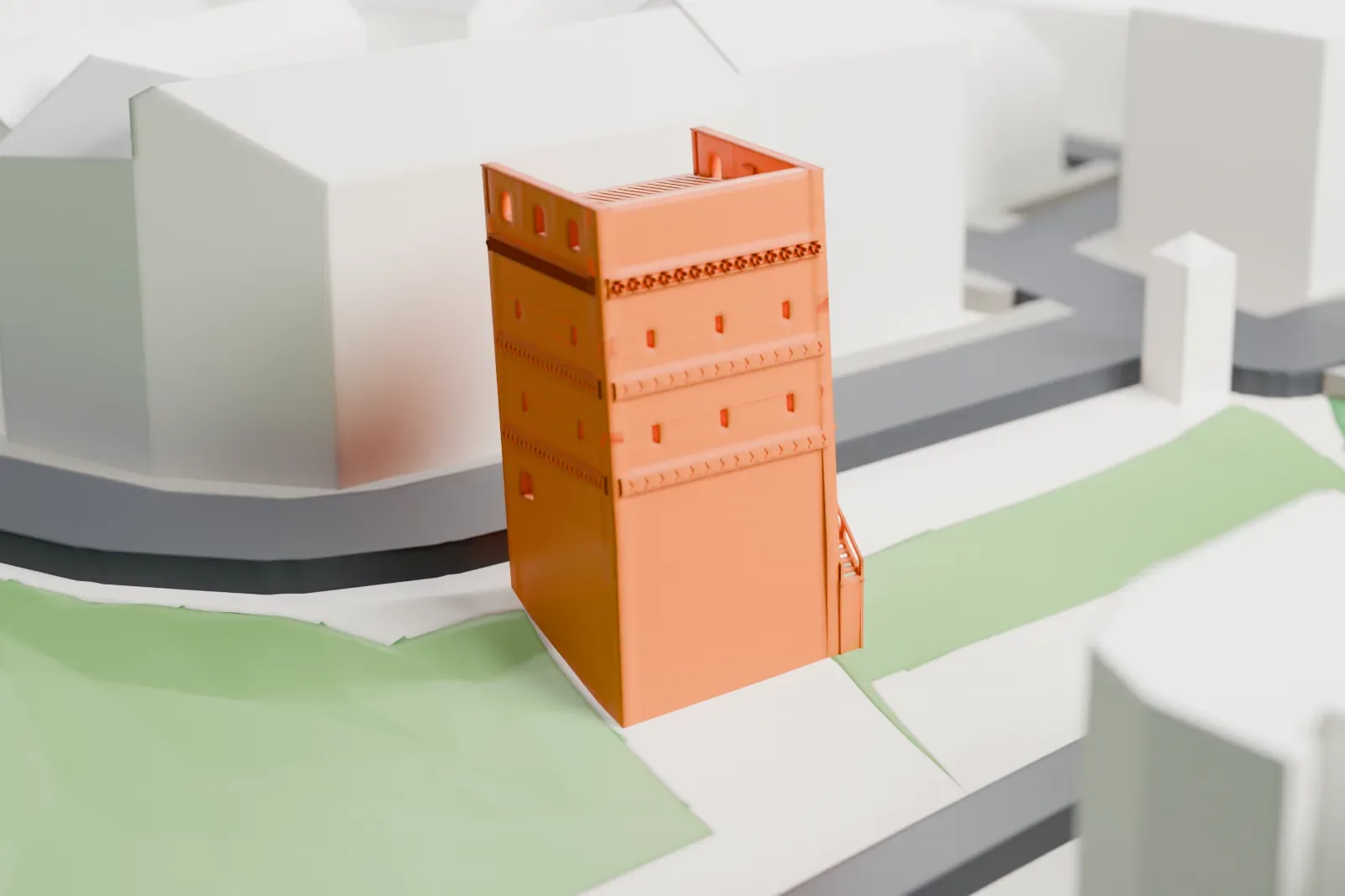A white 3D print of the Leaning Tower of Toruń, a small tower with a ridged roof, among the surrounding buildings.