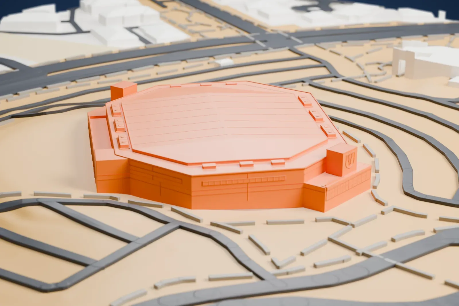 A white 3D print of Lee's Family Forum, a low arena with a ribbed, many-sided roof, surrounded by curving roads and open ground.