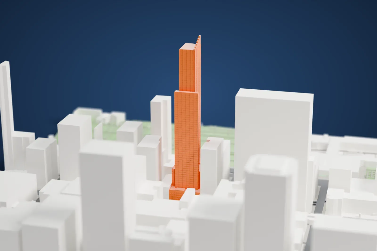 A white 3D print of Legacy at Millennium Park, a tall, narrow tower among the surrounding buildings of the Chicago Loop.